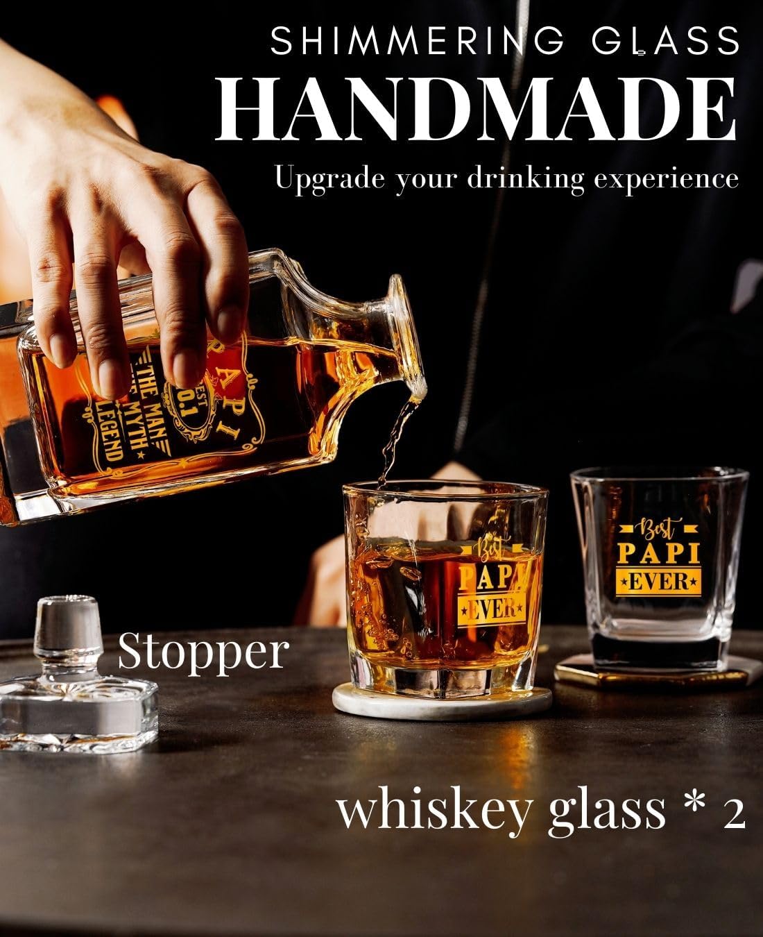 Onebttl Papi Gifts Whiskey Decanter Set, 25oz/750ml Decanter with Stopper and 2 Whiskey Glasses for Liquor, Burbon, Whiskey, Perfect for Papi for Christmas, Father's Day - Man Myth Legend