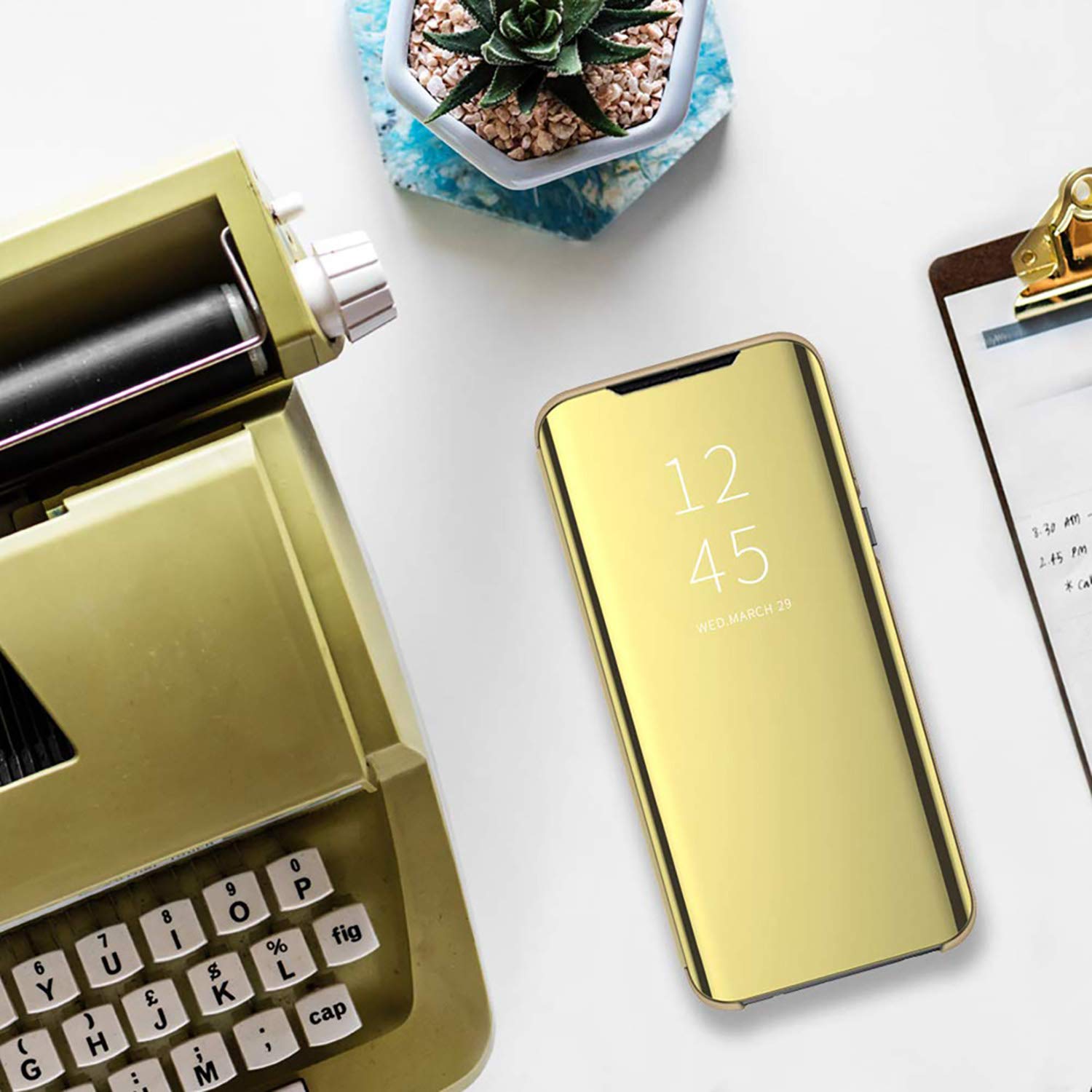 HAOYE Cover per Xiaomi Redmi Note 12S (4G Version), Premio PC/PU Custodia con Specchio, Smart View Mirror Flip Case, Clear View Standing Flip Cover con Supporto Pieghevole. Oro