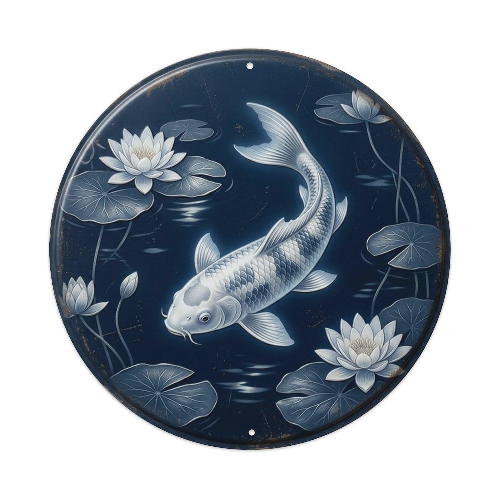 Oriental Koi Midnight Blue Serenity Feng Shui Water Pond Metal Tin Sign Plaque Wall Decor for Cafe, Man Cave, Club Bar, Office, Home Garden Round Metal Poster 8x8Inch