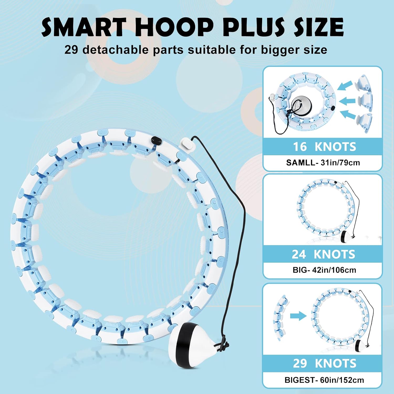 Smart Weighted Hoola Hoop Plus Size 60 Inch, 29 Knots Infinity Fitness Hoop with Extra Links, 2 in 1 Adjustable and Detachable Massage Great for Women and Beginners