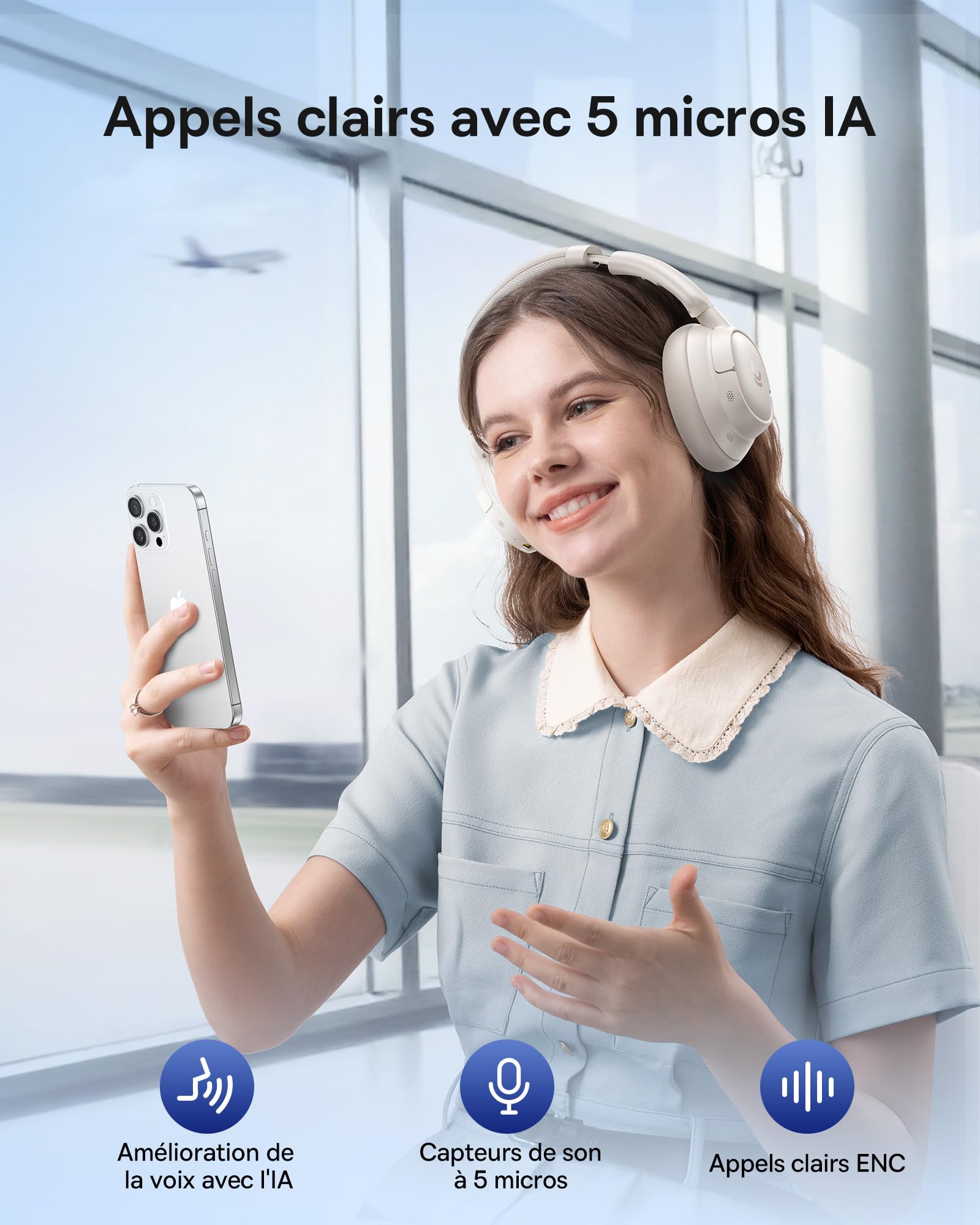 Baseus EH10 NC Casque Bluetooth avec Réduction de Bruit Hybride Active -45 DB, Casque Circum-Aural Hi-Res & Audio LDAC avec 5 Micros à IA, 80 h d’Autonomie, Bluetooth 6.0 - Blanc Lumière d’Étoile