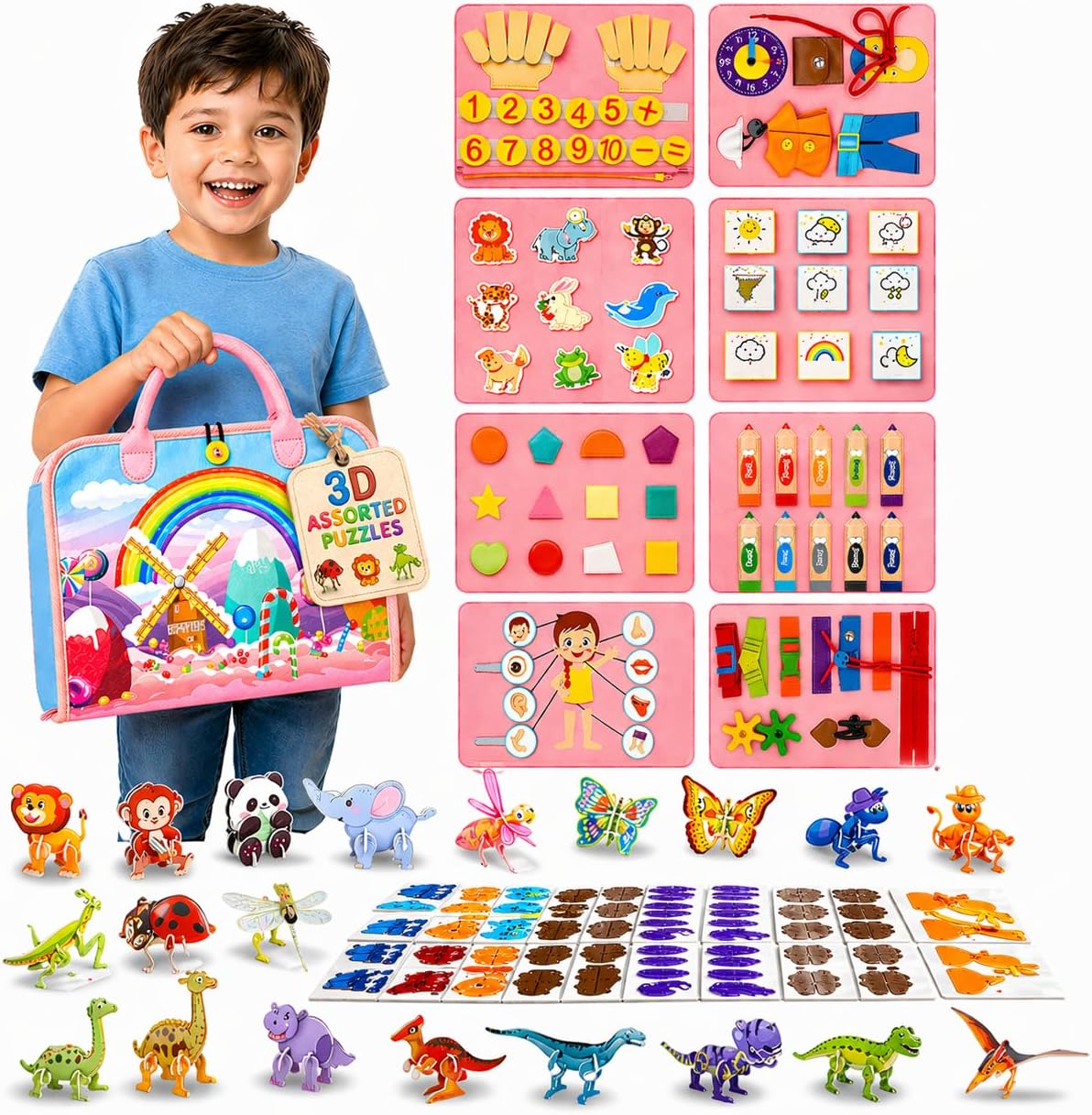 Solens Busy Book for Toddlers +3 with 25+ Activities on 8 Pages, Montessori Busy Board Felt Activity Book with Numbers, Colors & Daily Life Skills, Sensory Learning Toy for Fine Motor Skills, Pink