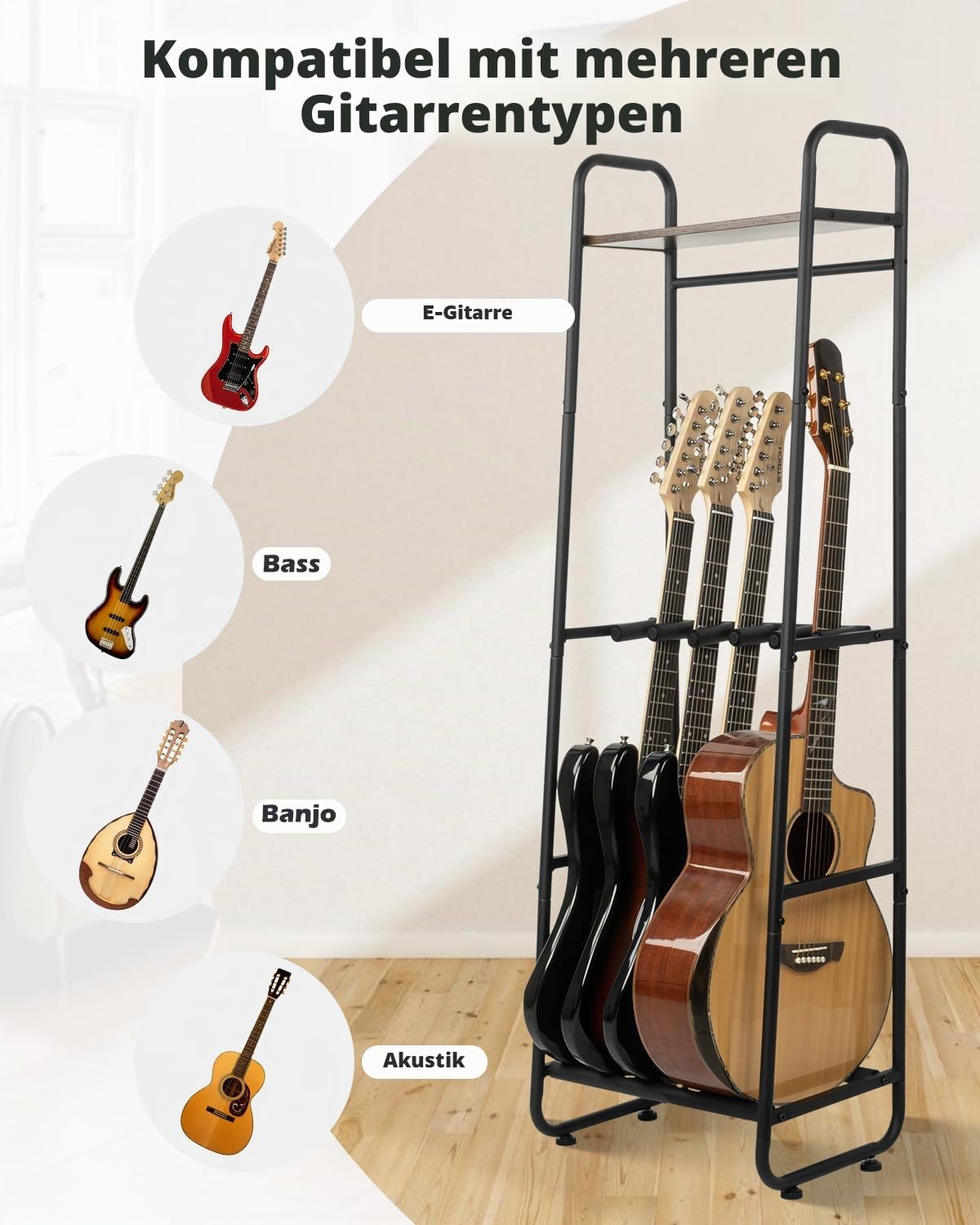 STRICH Gitarrenständer, mehrere Gitarrenständer für Akustik-, E-Gitarre, Bass, Gitarren-Display-Halter mit oberem Aufbewahrungsregal für Gitarrenverstärker-Zubehör, für Heimmusik-Studio-Bandbühne (SMT
