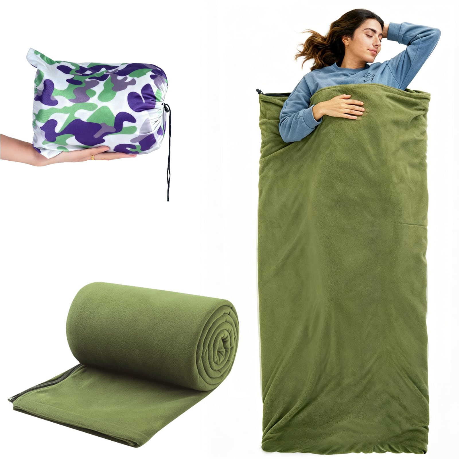 : GaoBangM Fleece Sleeping Bag Liner, Lightweight Envelope Camping Sheet - Thermal Microfleece,Compressible Storage Bag (Random Color) for Backpacking, Travel, Cold Weather