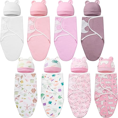 VitalCozy Paquete de 8 mantas con gorro para bebés prematuros de 0 a 6 meses, de algodón, para recién nacidos, para recién nacidos, para recién