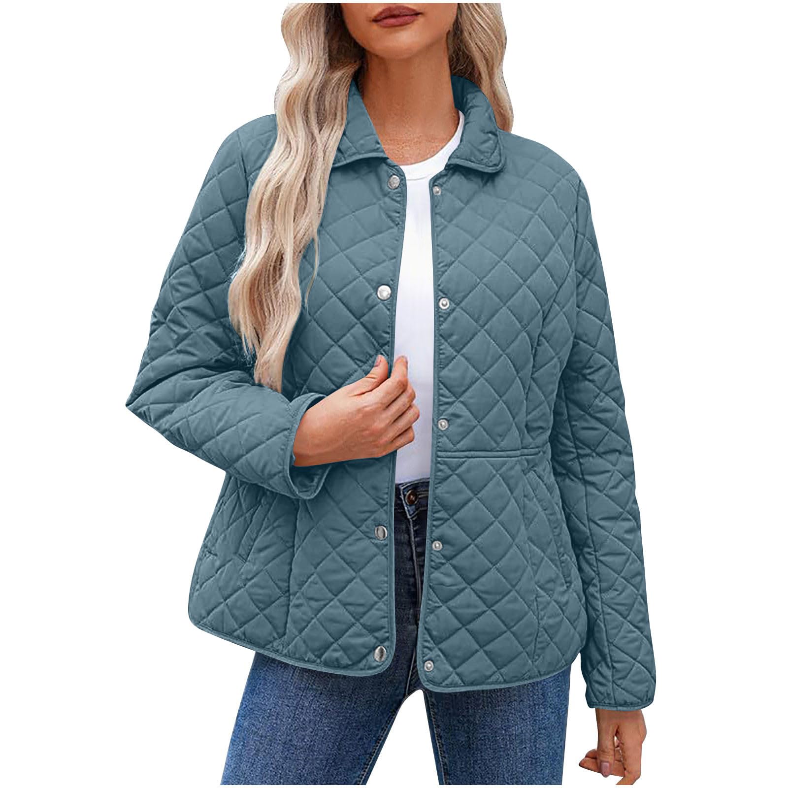 keepink Winter Jacket for Women Quilted Long Sleeve Button Down Solid Color Casual Bomber Outerwear Lightweight Warm with Pockets Relaxed Fit Trendy Down Coats 4# Blue, L-picture-20