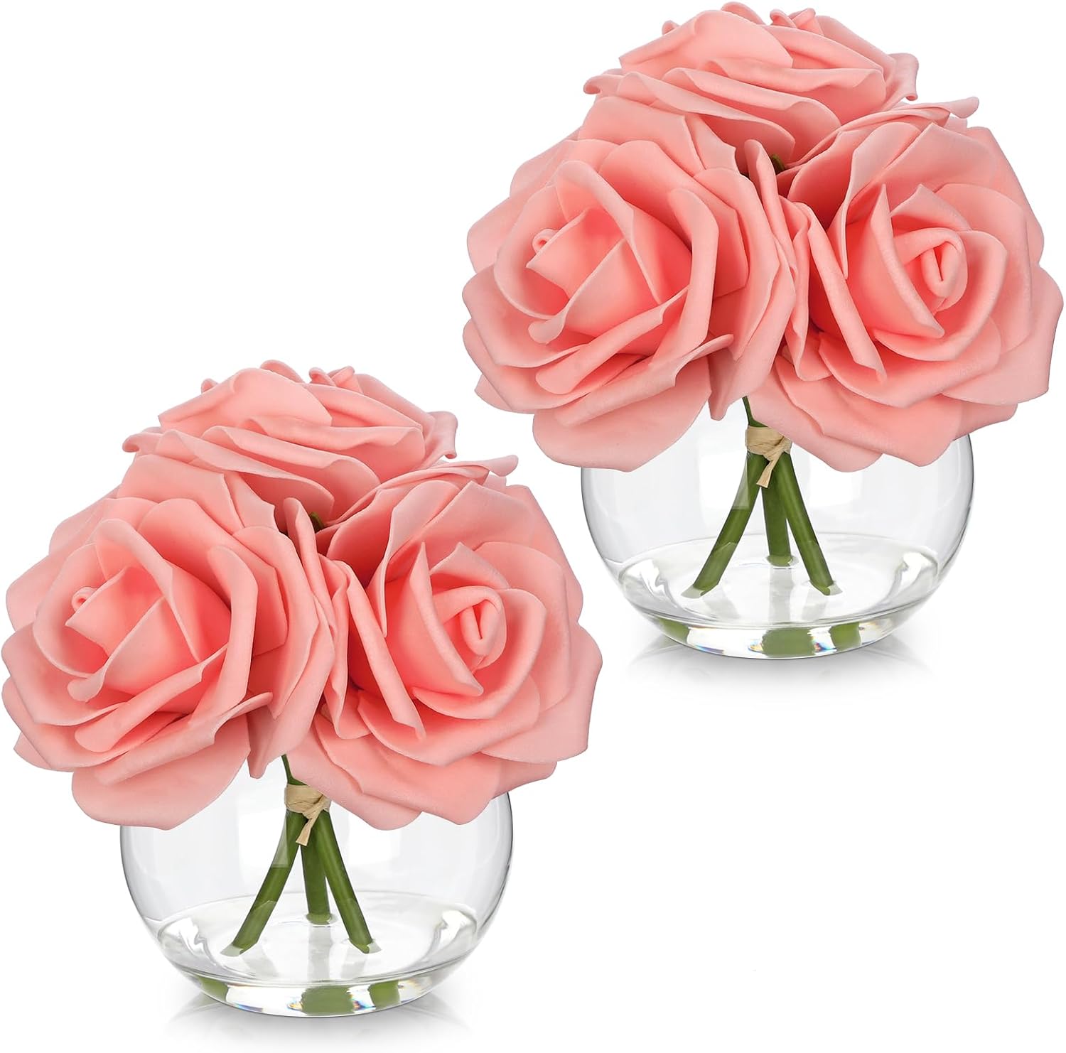 Hollyone White Roses Artificial Flowers in Vase Silk Fake Rose Bouquet Flowers Floral Arrangements with Glass Vase with Faux Water for Home Bathroom Office Table Centerpiece Shelf Decorations