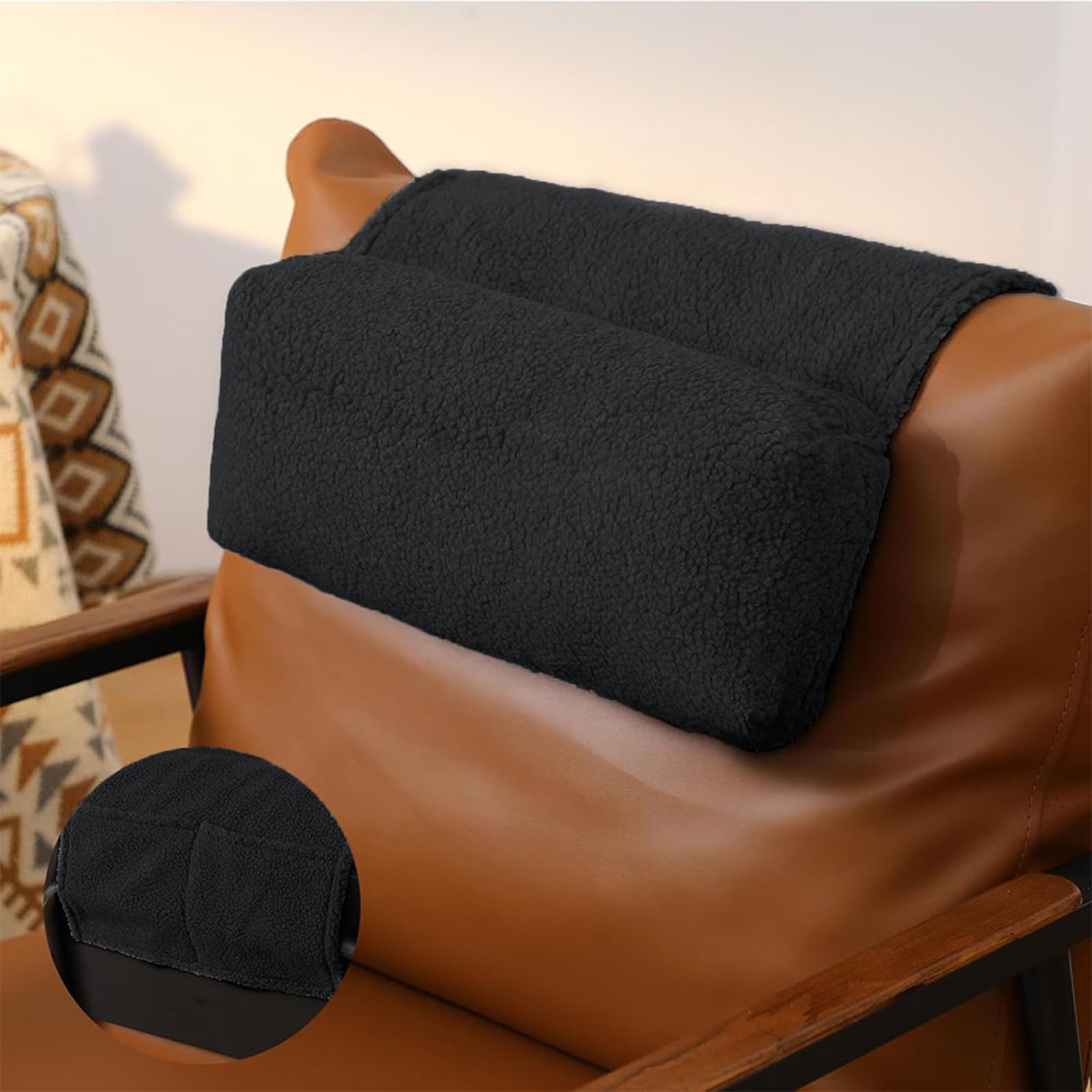 BUERPINKING Neck Support Pillow, Headrest Ergonomic Pillow for Chair Recliners Armchairs, Non-Slip Soft Neck Head Rest Cushion for Pain Relief with Pockets, Black