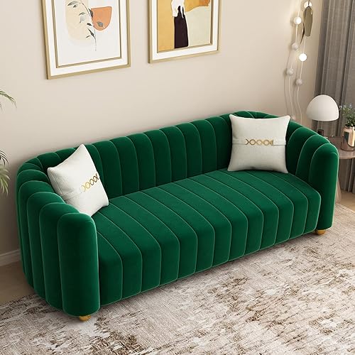 KIVENJAJA Channel - Sofá de terciopelo capitonado moderno sofá tapizado de 3 plazas con 2 almohadas y patas de metal dorado para sala de estar 83