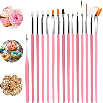 15pcs Cake Painting Brushes Kit Food Safe Baking Brush Tools,Fondant Cookie Painting Brushes Tools for Cookie Cake Decoration Pink