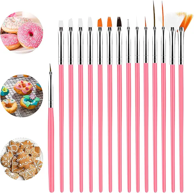 15pcs Food Safe Cake Painting Brushes Kit for Cookie & Fondant Decoration (Pink)