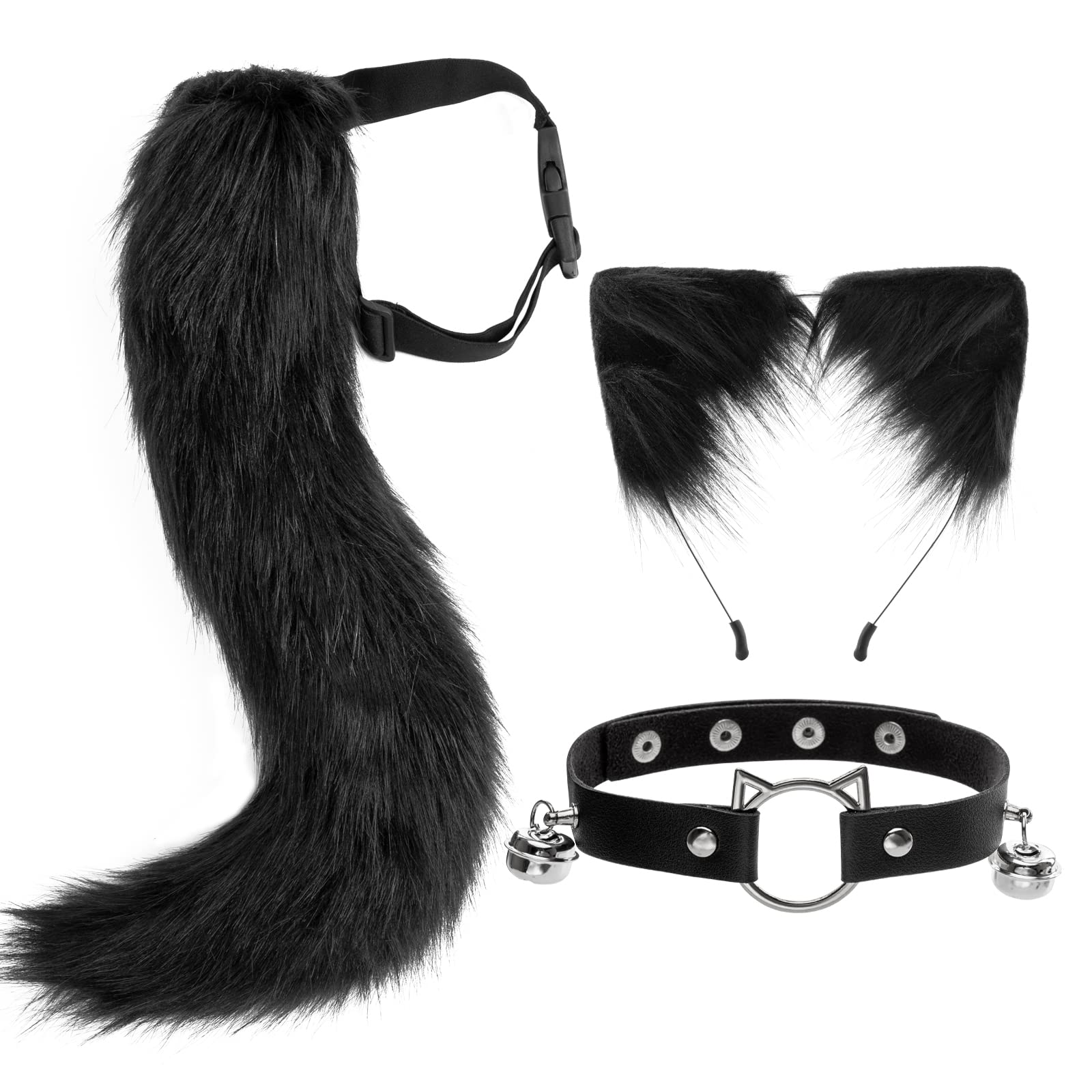 DRESHOW Fox Faux Fur Tail Cat Ears Headband Halloween Party Costume Neck choker Cosplay Set for Women