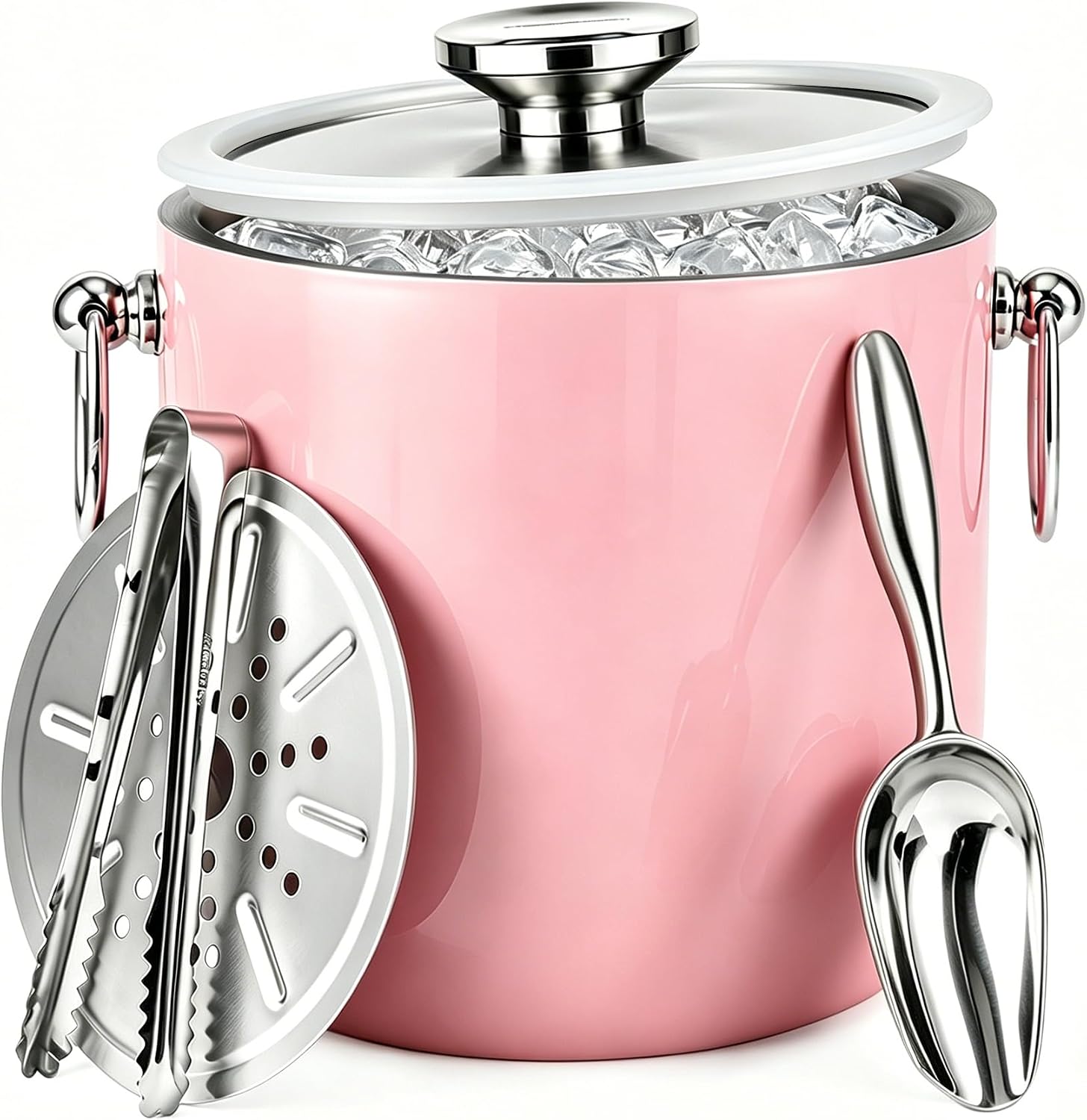 3 Liters Ice Bucket, Double Wall Stainless Steel, Insulated Ice Bucket, Including Strainer & Ice Cover Ice Tongs, Scoope,Pink