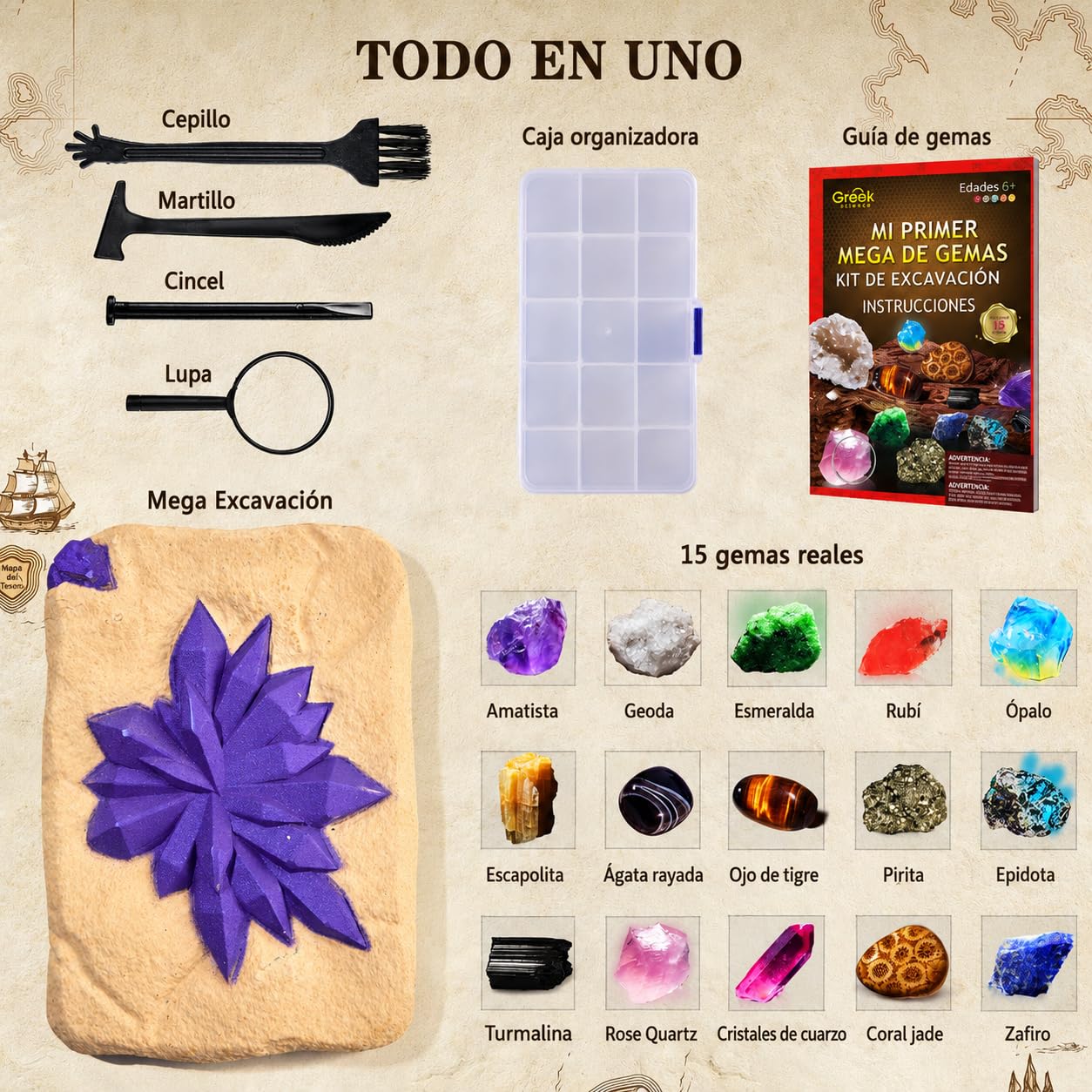 Mi Primer Kit de Excavación de Gemas para Niños, Minerales para Niños, 15 Minerales y Piedras Preciosas, Exploración Minerales Regalo para Niños Niñas 6-12 Años