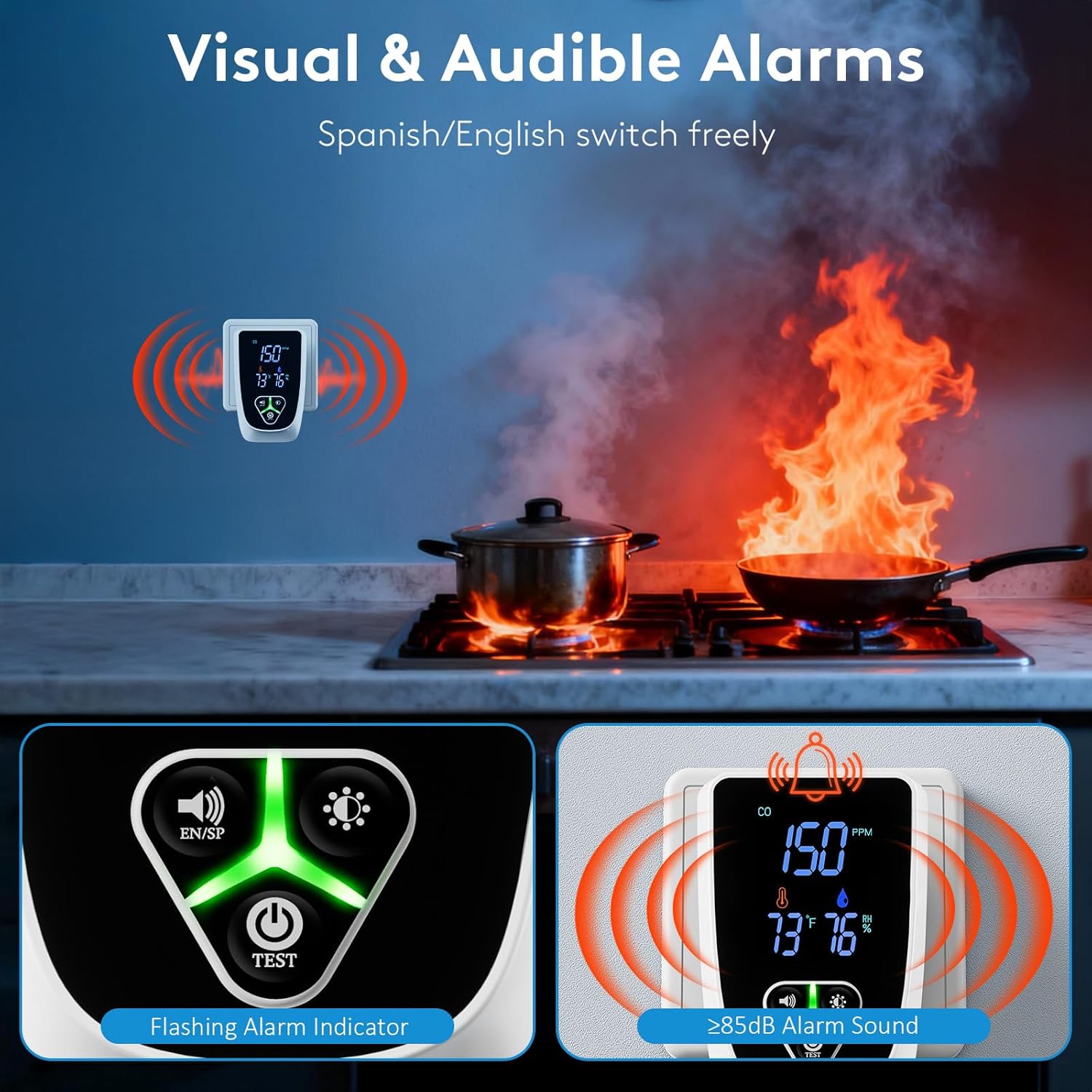 5-in-1 Carbon Monoxide Detectors Plug in, Smoke Alarm & Natural Gas Leak Detector with Temperature & Humidity Sensor, Portable CO Detector with LCD Display Sound & Light Alert for Home Travel - Image 3