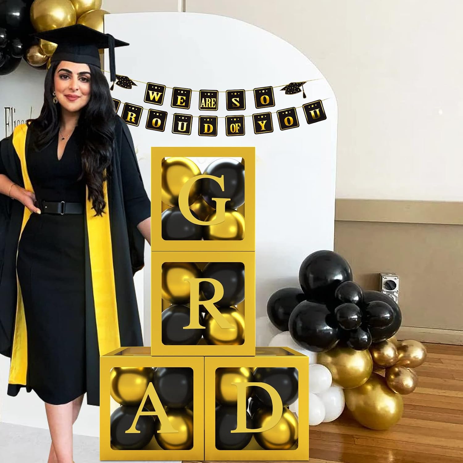 Gold Transparent Balloon Boxes with 30 Letters, includes A-Z and BABY Letters for Girl Boy Baby Shower Boxes Decorations，Sunflower Birthday，DIY Name Combination, Birthday Party Decorations