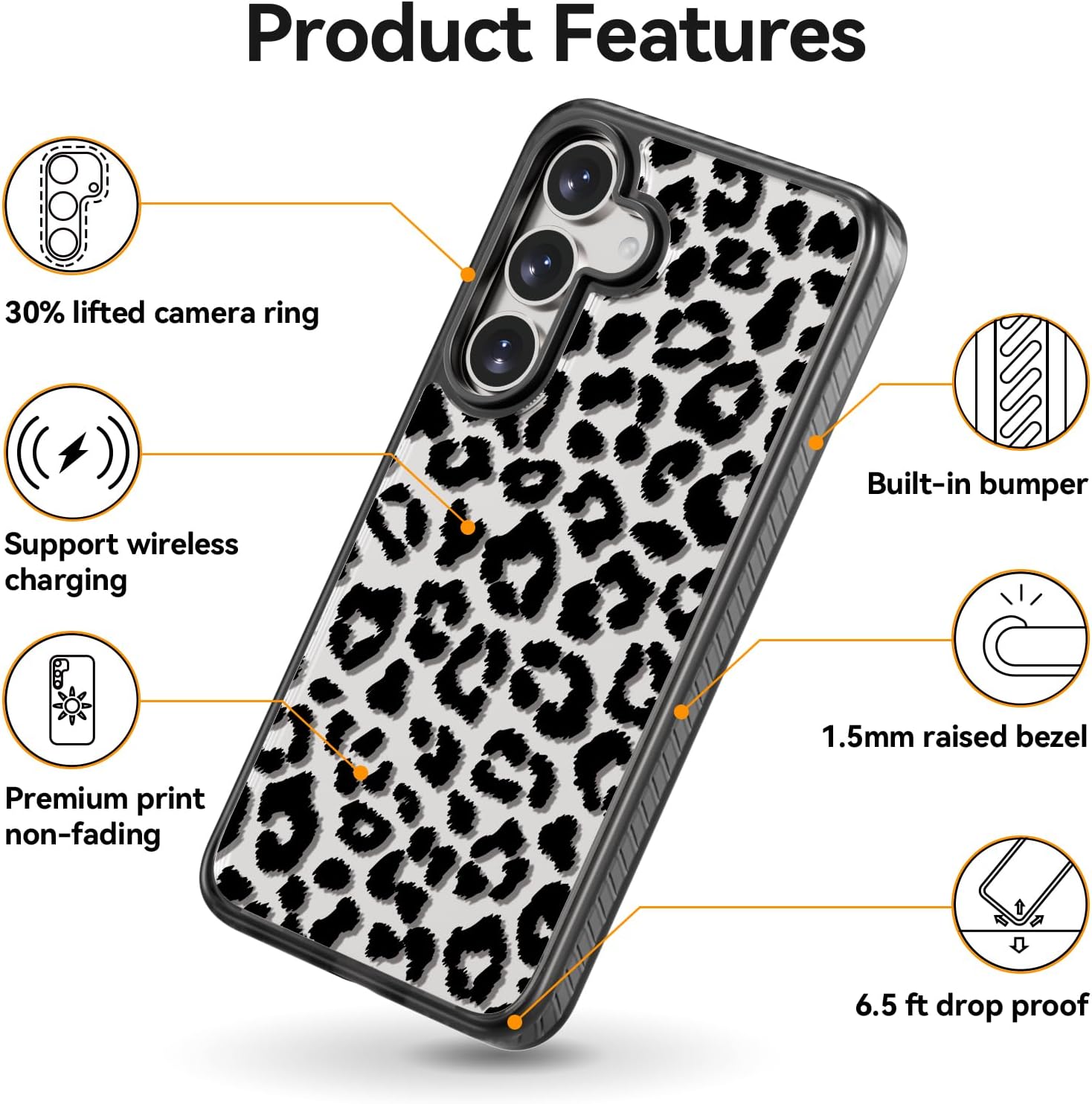 Rosarnnah for Samsung Galaxy S25 Case, Cute Black Leopard Print Design | Slim Fit Shockproof Cover | 6.6ft Drop Protection Easy-Grip Fashion Case for Women Girls | 6.2 inch