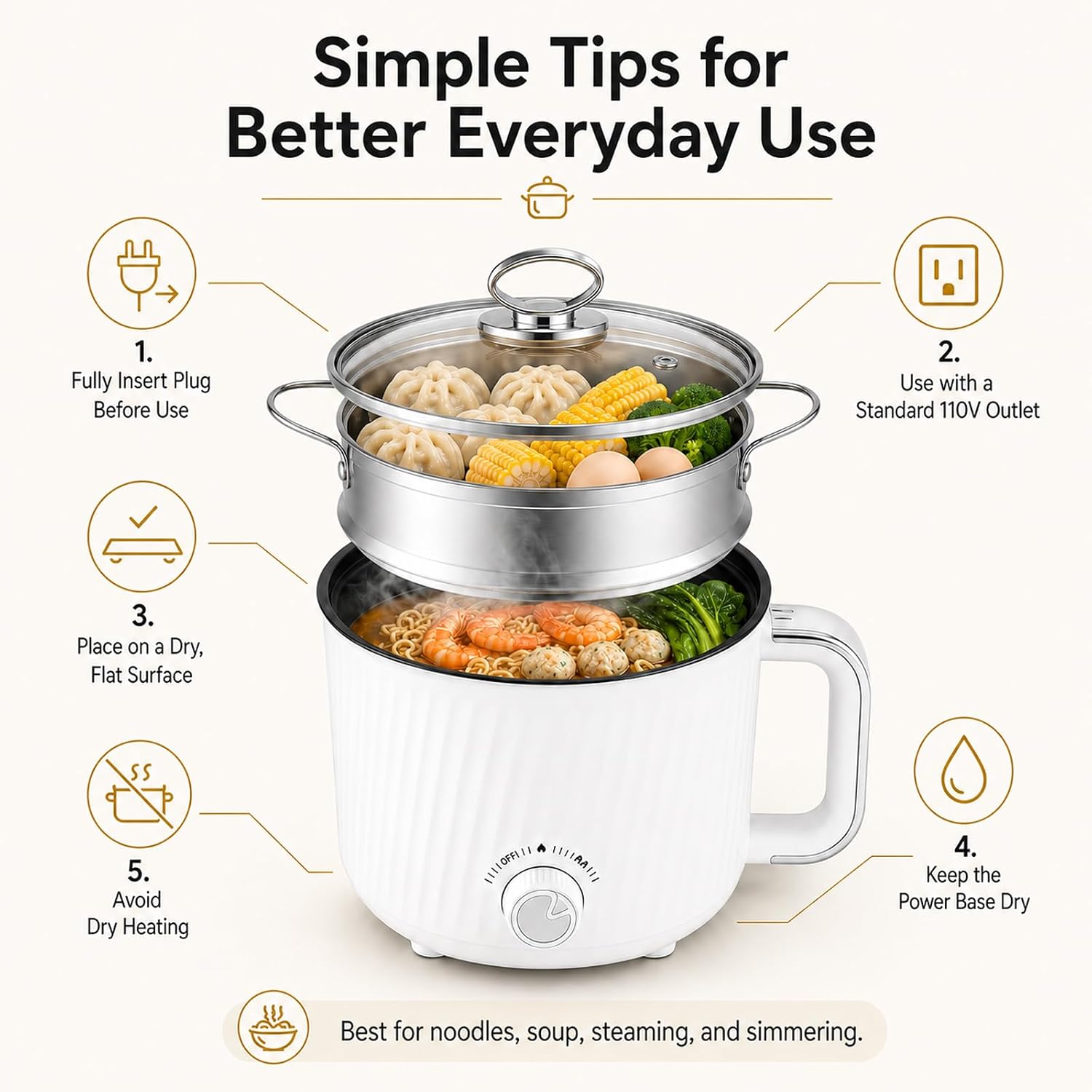 1.6L Nonstick Personal Electric Hot Pot with Steamer Basket & Clear Glass Lid, 300W/600W Electric Ramen Cooker for Dorms, Apartments & Offices, Noodles, Soup, Oatmeal, Pasta, Shabu-Shabu & Boiled Eggs image 5