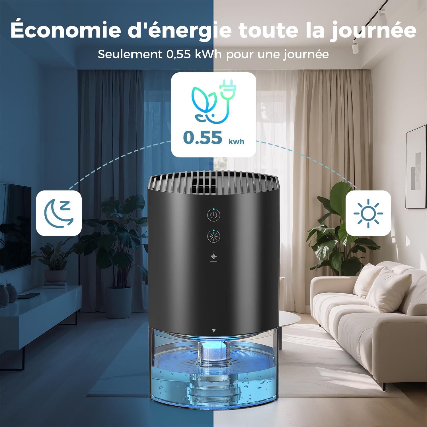 AROEVE Deshumidificateur d Air 990ml, Petit Déshumidificateur Électrique Compact et Silencieux pour Chambre à Coucher Avec 7 Couleurs de Lumière, Arrêt Automatique, Protection Contre le Dégivrage