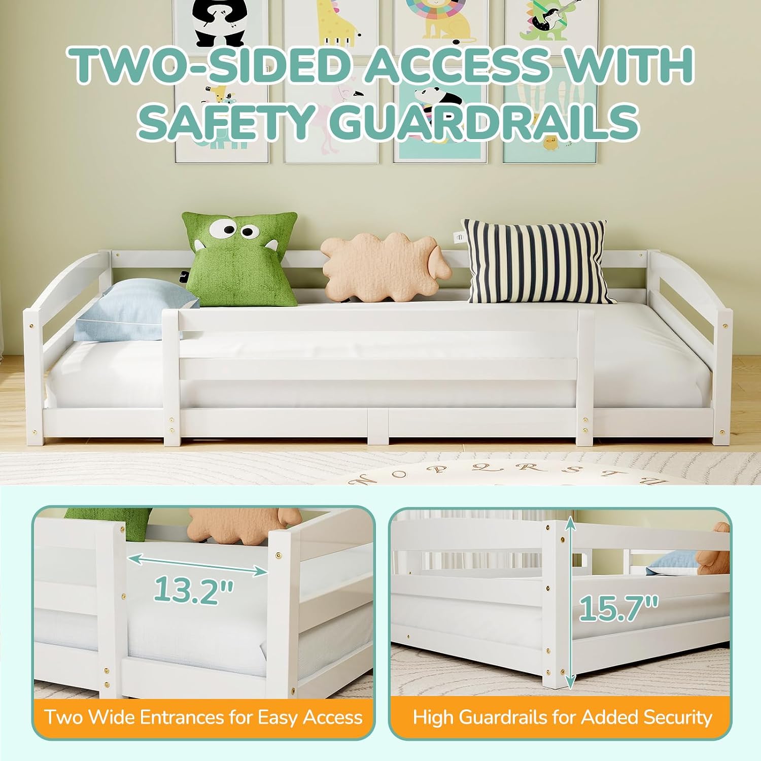 Diagram showing two wide entrances for easy access and high guardrails for added security on the bed frame.