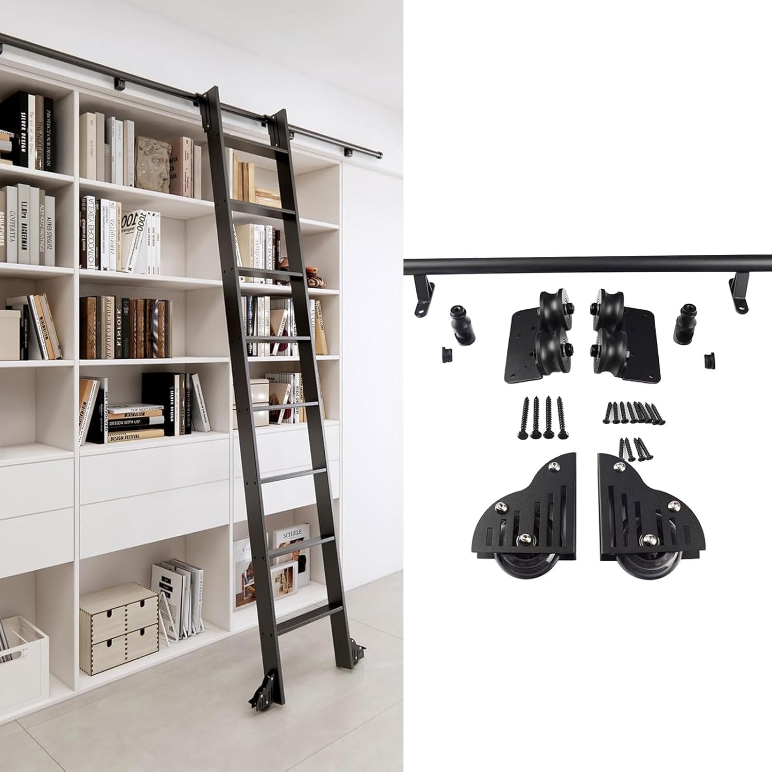 Rolling Ladder Hardware Home Loft Library Sliding Ladders Hardware Kit 1.2m 2m 2.4m 300cm 5m 600cm Black Finish Mobile Ladder Rails (no ladders)(23.6ft/720cm Track Kit)
