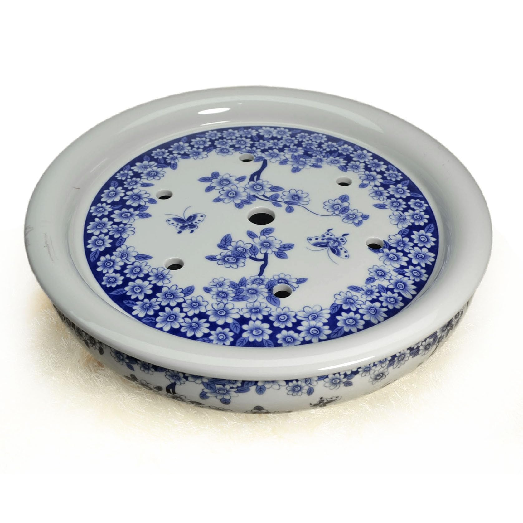 Porcelain Tea Tray 12 inch, Double-Layer Ceramic Tray Round for Tea Coffee Serving Gongfu Tea Table Tea Room (Blue and White Butterfly Lovers)