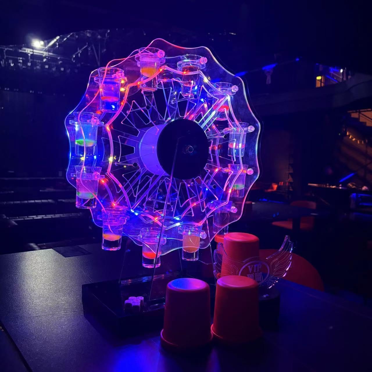 Automatic Rotating Ferris Wheel Tequila Shot Rack – 12 Wine glass hole, 7-Color LED Lights, for Bar, Party, Wedding. Not tested