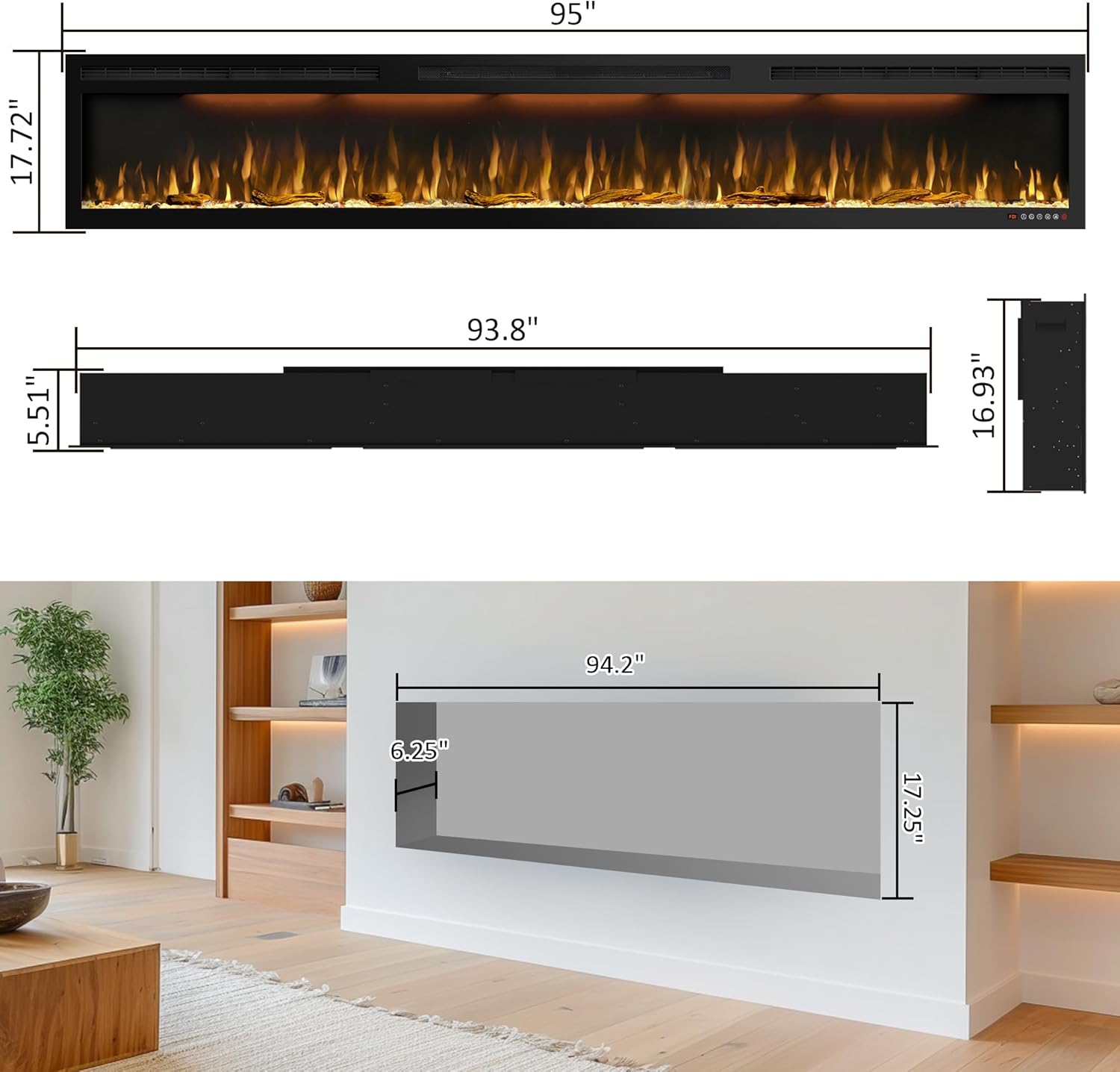 Diagram showing the overall dimensions of the 95-inch electric fireplace and the required cutout dimensions for recessed installation.