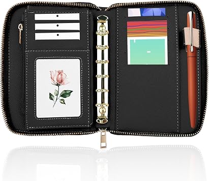 A7 Leather Budget Binder, Cash Envelopes System Budgeting Wallet, Money Organizer for Cash, Money Saving Cash Envelopes for Budgeting, Wallet Budget Planner with ZipperBlack