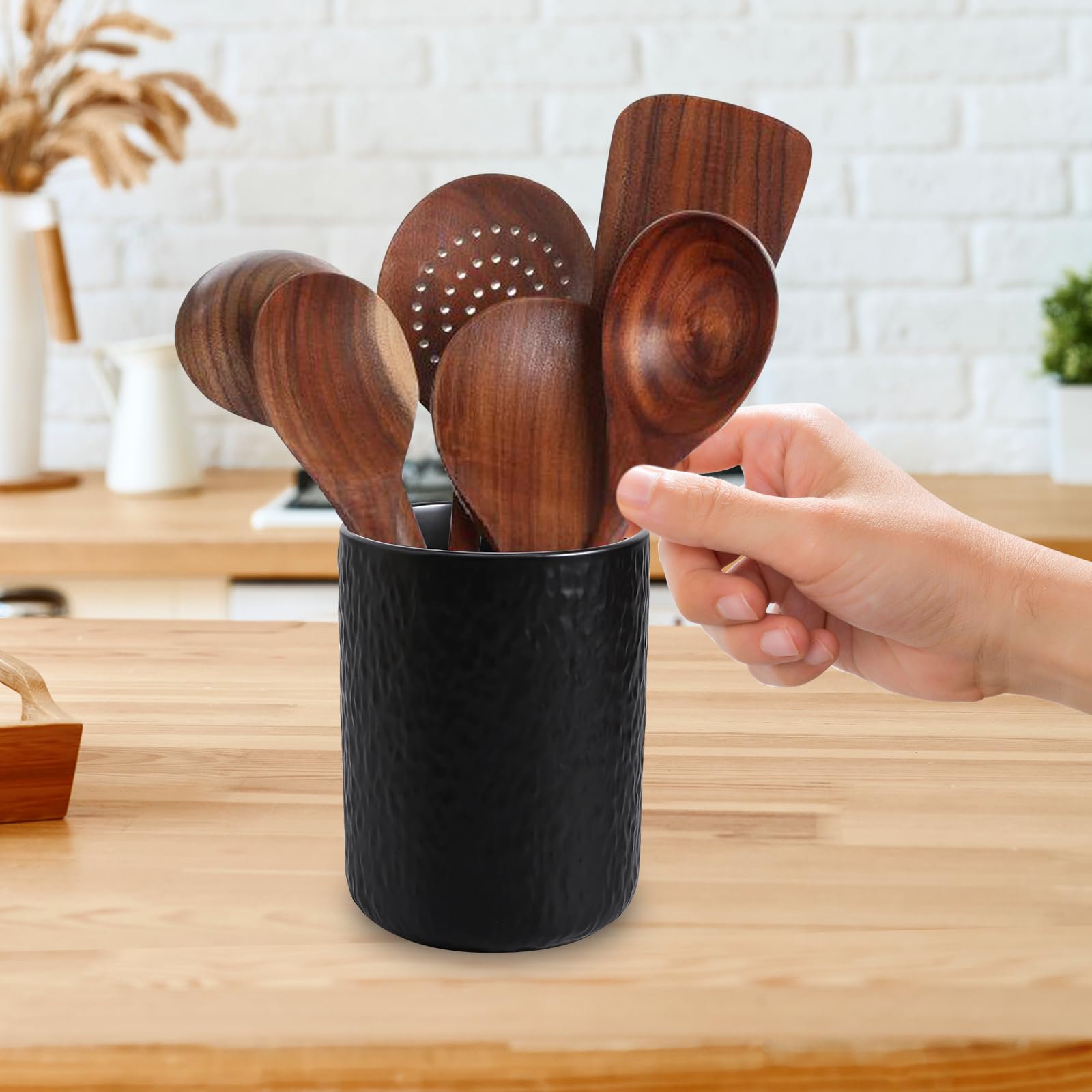 Porte-Ustensiles De Cuisine En Céramique Noir – 12 X 16 Cm – Élégant & Robuste – Rangez 12+ Ustensiles