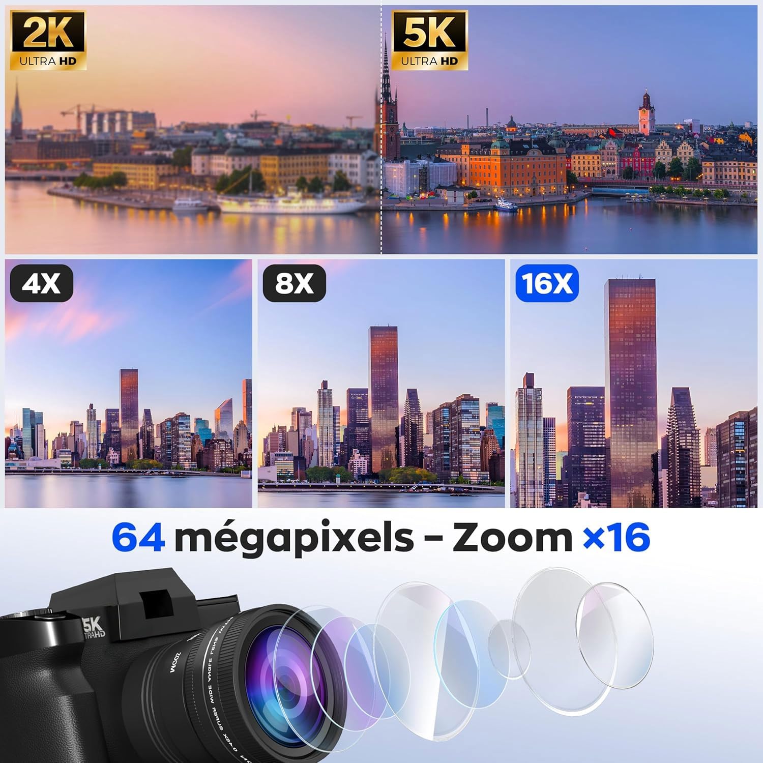 Appareil Photo Numérique 5K Ultra HD-64 MP Grand Angle, Écran orientable 180° 3 Pouces, Zoom numérique16x, Carte SD 32Go et 2 Batteries Li-ION, Léger et Portable pour Voyagexs et étudiants