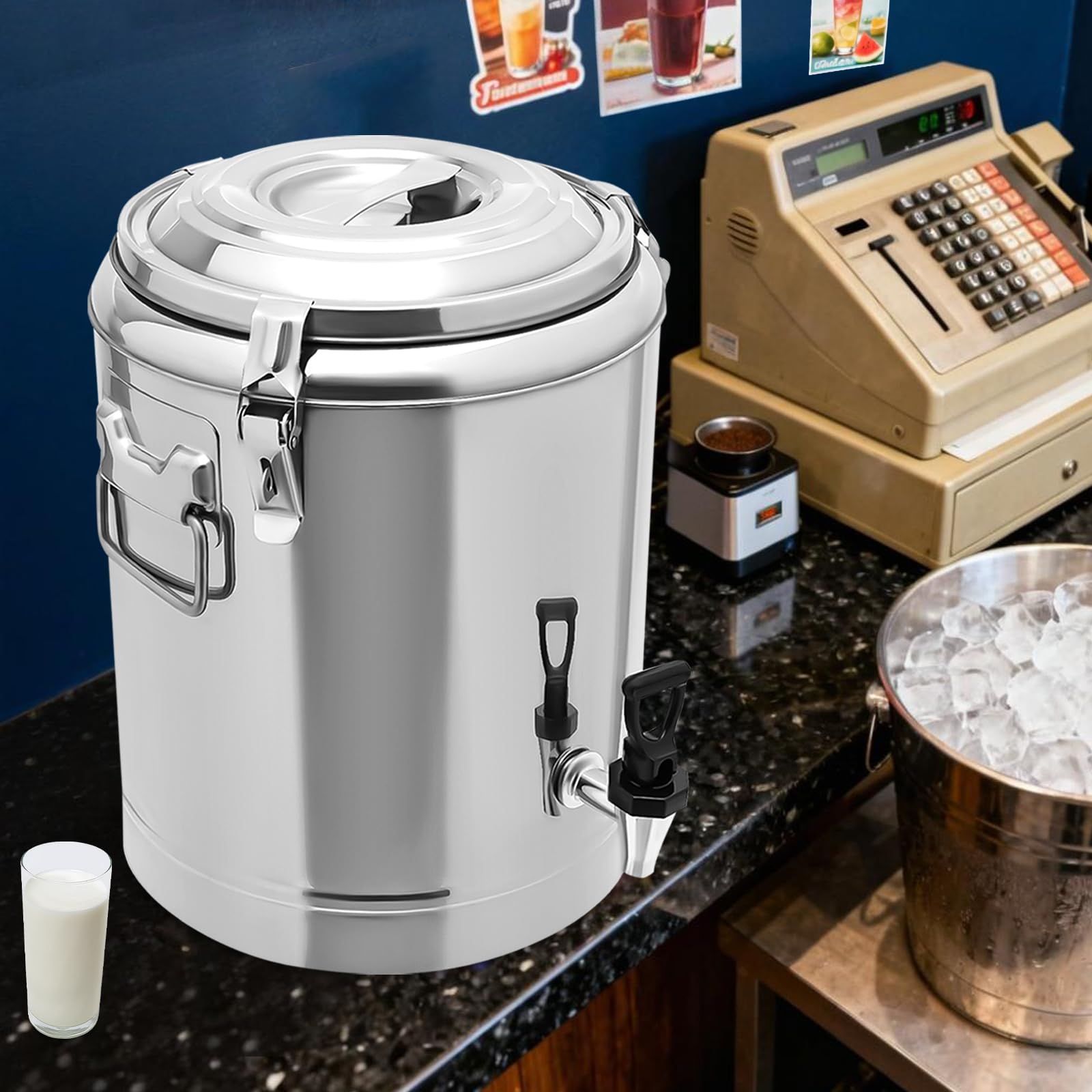 Contenitore termico in acciaio inox, 14 l, per il trasporto, professionale, per gastronomia, con manici per il trasporto, per cibi e bevande, tè freddo, latte, caffè