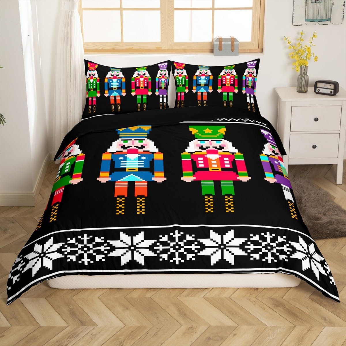 Erosebridal Nutcracker Duvet Cover Queen Size, Retro Xmas Bedding Set for Kids Boys, Colorful Scandinavian Christmas Snowflakes Comforter Cover, Black White Bedroom Decor Winter Quilt Cover
