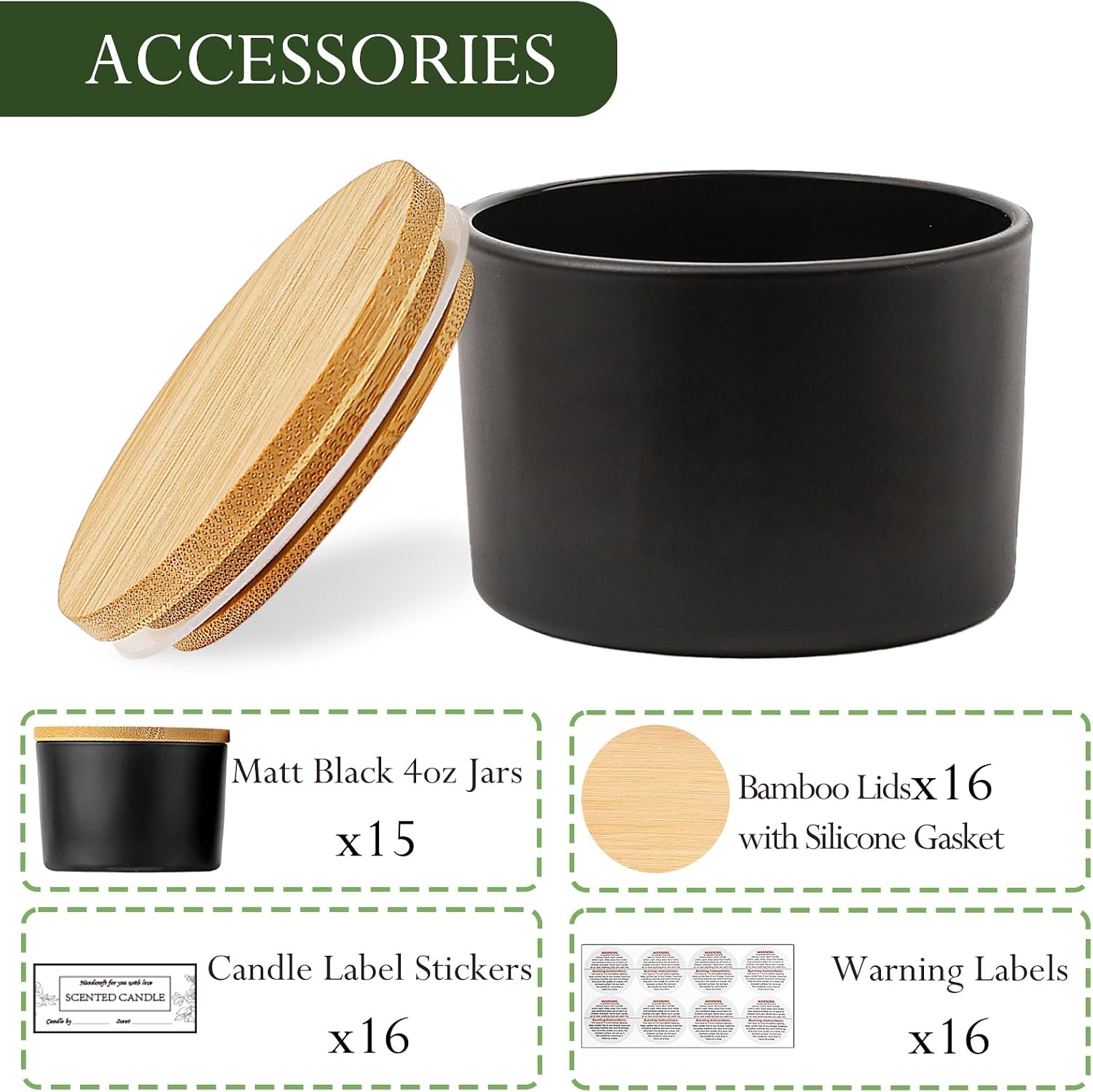 CONNOO 15 Pack 4 OZ Matte Black Glass Candle Jars with Airtight Bamboo Lids for Making Candles, Bulk Small Wide Mouth Empty Candle Containers with Sticky Warning Labels - Dishwasher Safe
