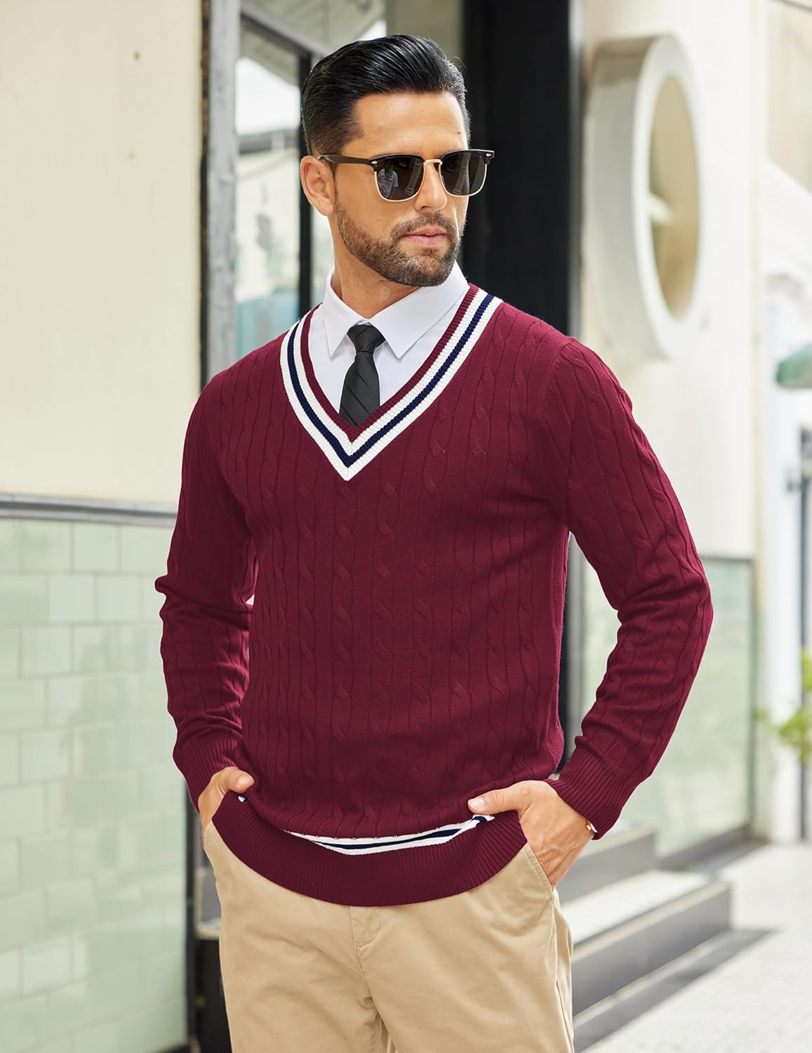 COOFANDY Mens V Neck Sweater Long Sleeve Cable Knit Sweater Fall Winter Pullover Slim Fit Stretchy Fabric Preppy Style - Image 3