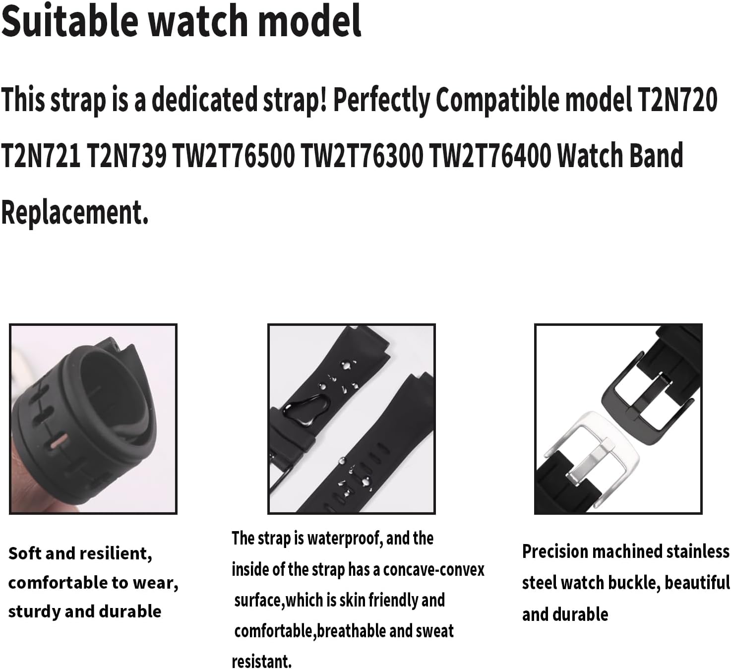 24mm x16mm Rubber Watch Band replacement for Timex T2N720 T2N721 T2N739 TW2T76500 TW2T76300 TW2T76400 Silicone Strap Wirstband accessories for Men and Women