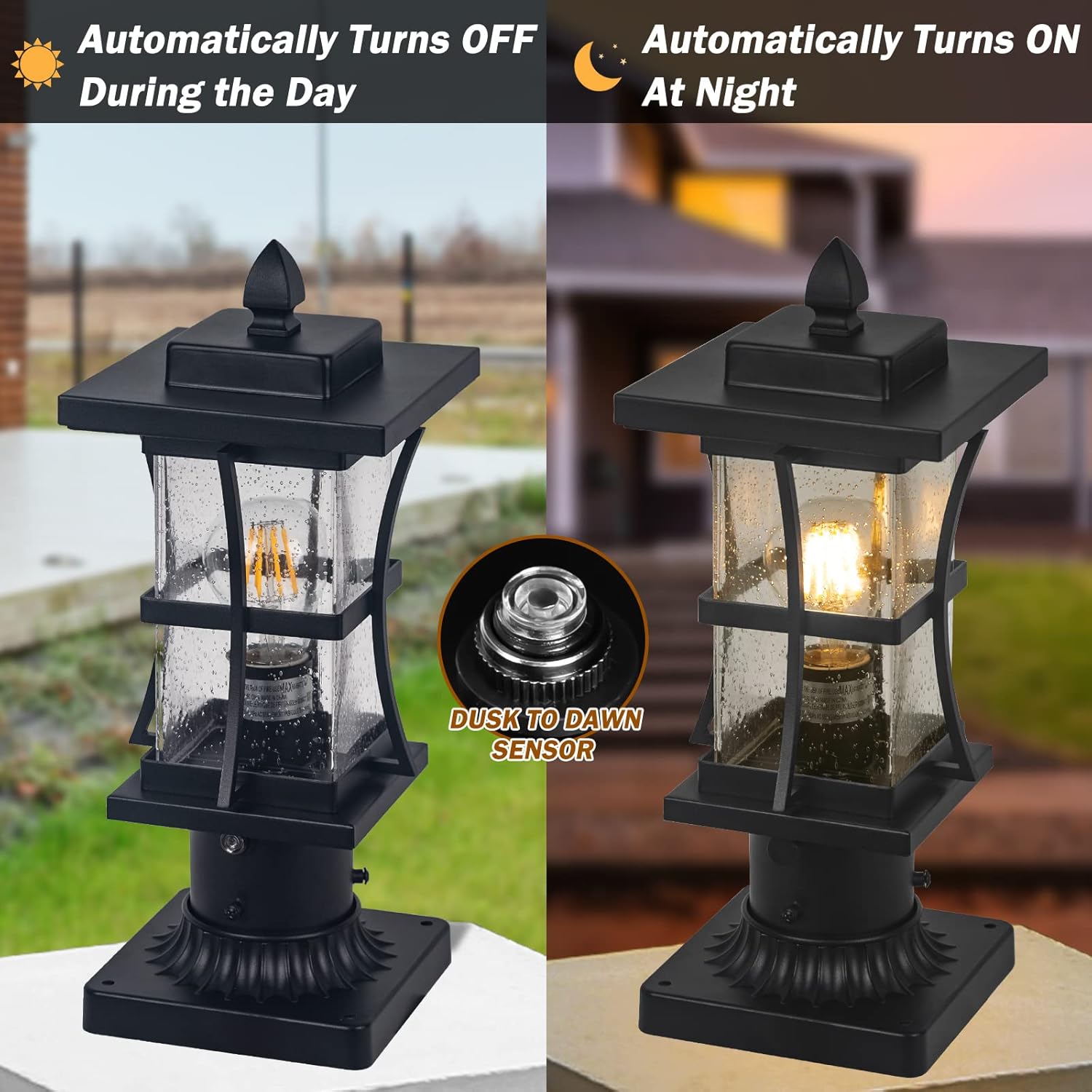2 Packs Dusk to Dawn Outdoor Post Light Fixture with Pier Mount Base - Black Outdoor Pole Lighting, Waterproof Pillar Lantern, Modern Outside Column with Seeded Glass for Pathway, Garden, Patio,