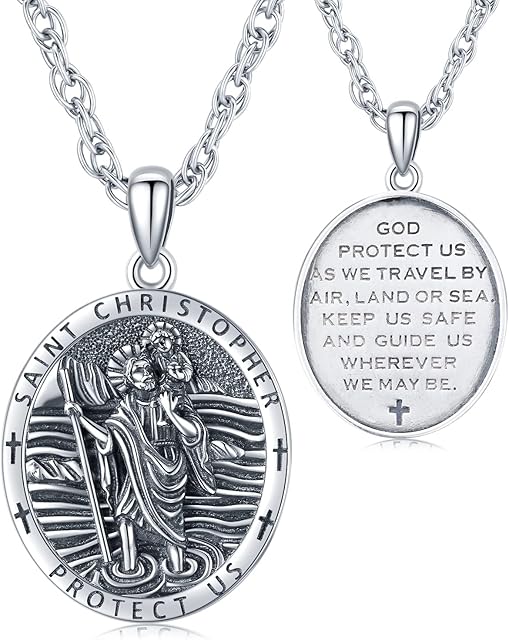 Saint Christopher/Michael Necklace Sterling Silver Protection Pendant Medallion St Michael St Christopher Protect us Amulet Jewellery Gifts for Men Women, Stainless Steel Adjustable Chain 61cm