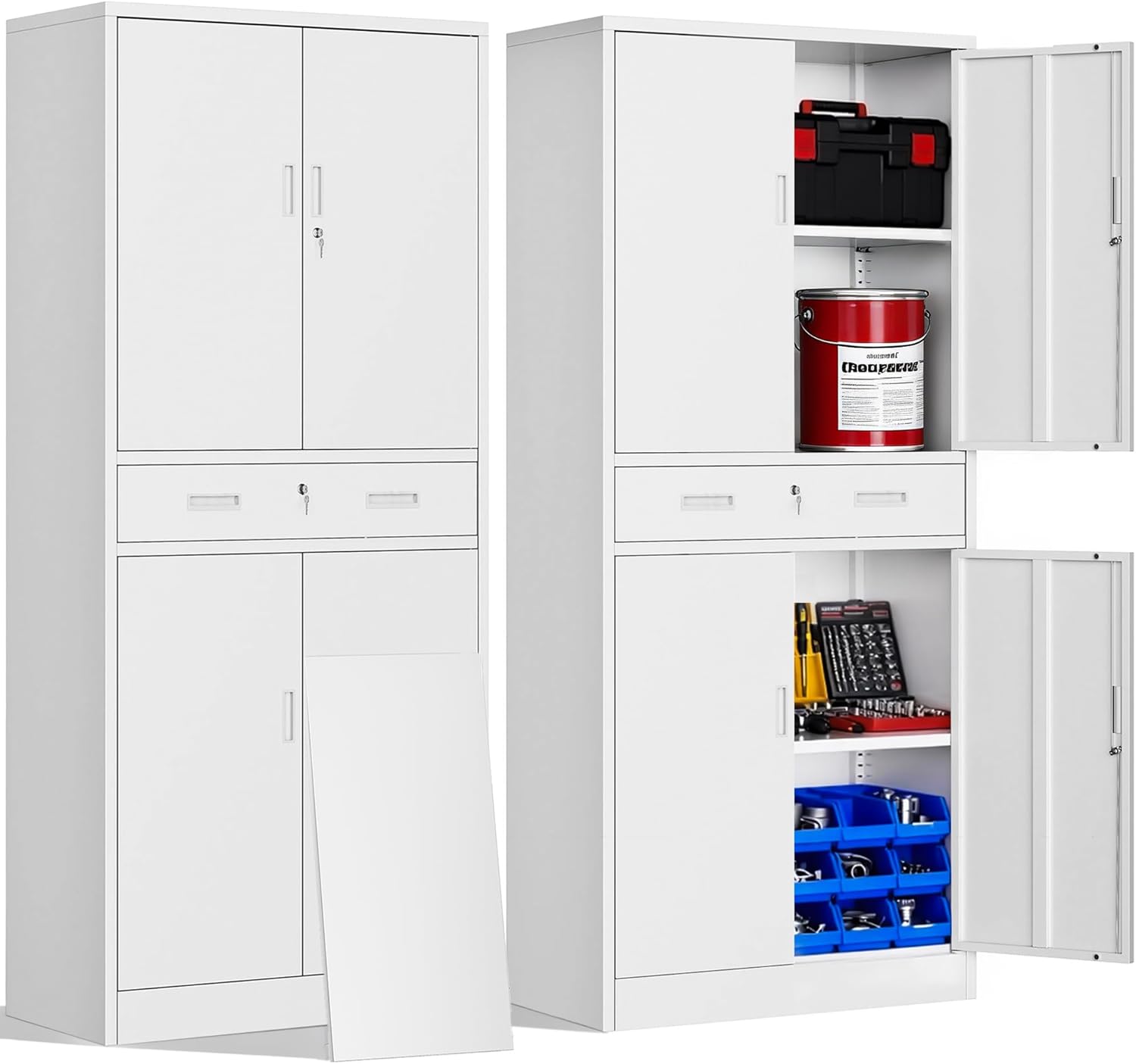 CJF Metal Storage Cabinet with Drawer and Adjustable Shelves, 71" H Locking Storage Cabinet for Pantry Kitchen, Home, Office, Garage, Living Dining Room (White)