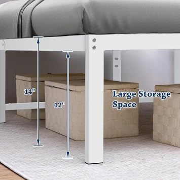 14 Inch Twin Bed Frame with Storage Heavy Duty Tall Metal Platform Bed Frame with Steel Slats No Box Spring Needed Anti Slip White