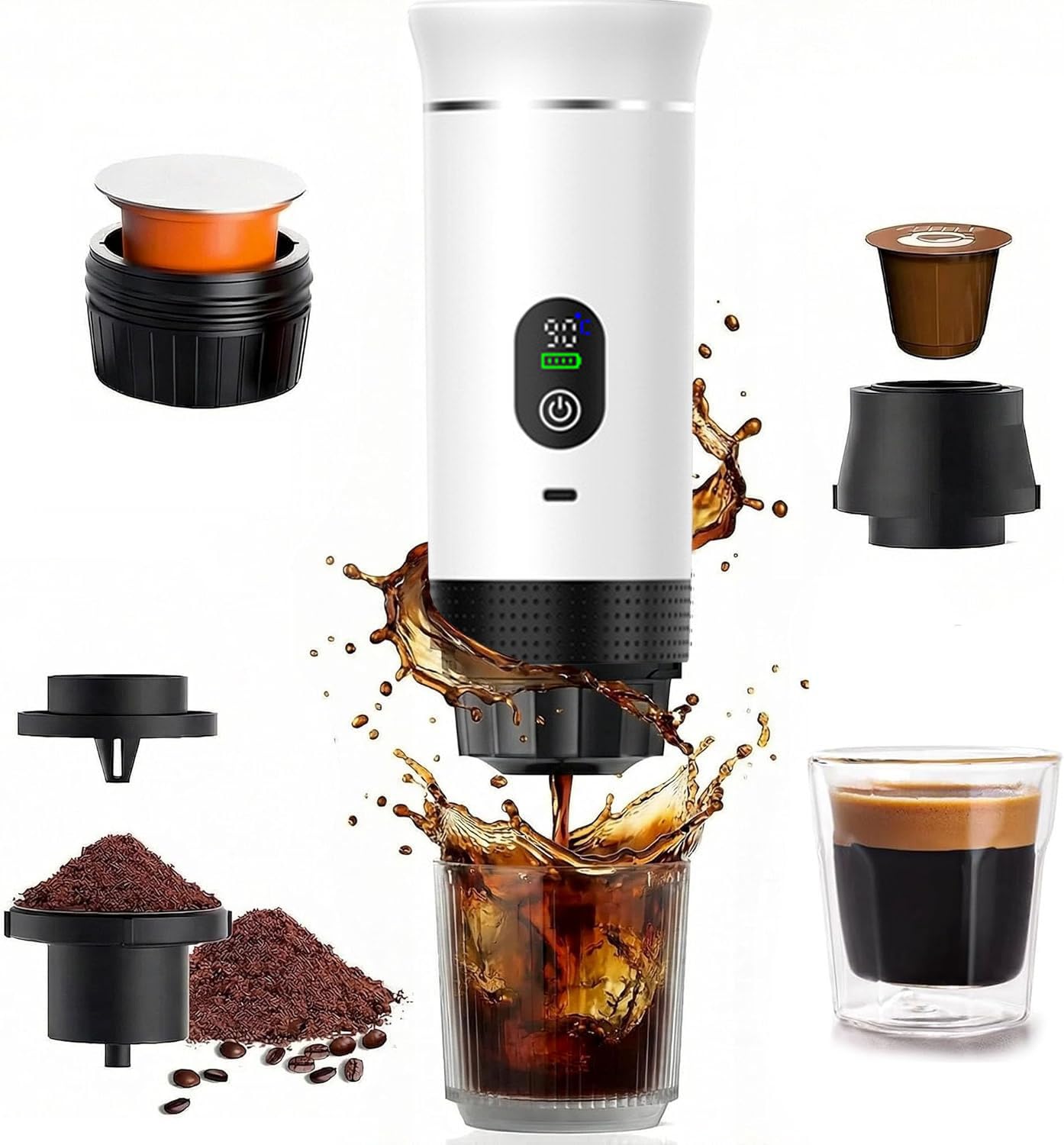 3 En1 Machine à Café Portable de Voyage,pour RV, camping,randonnée, bureau | Avec auto-chauffage,avec Charge USB-C,Cafetière avec café moulu et capsule NS,Machine à café électrique portable