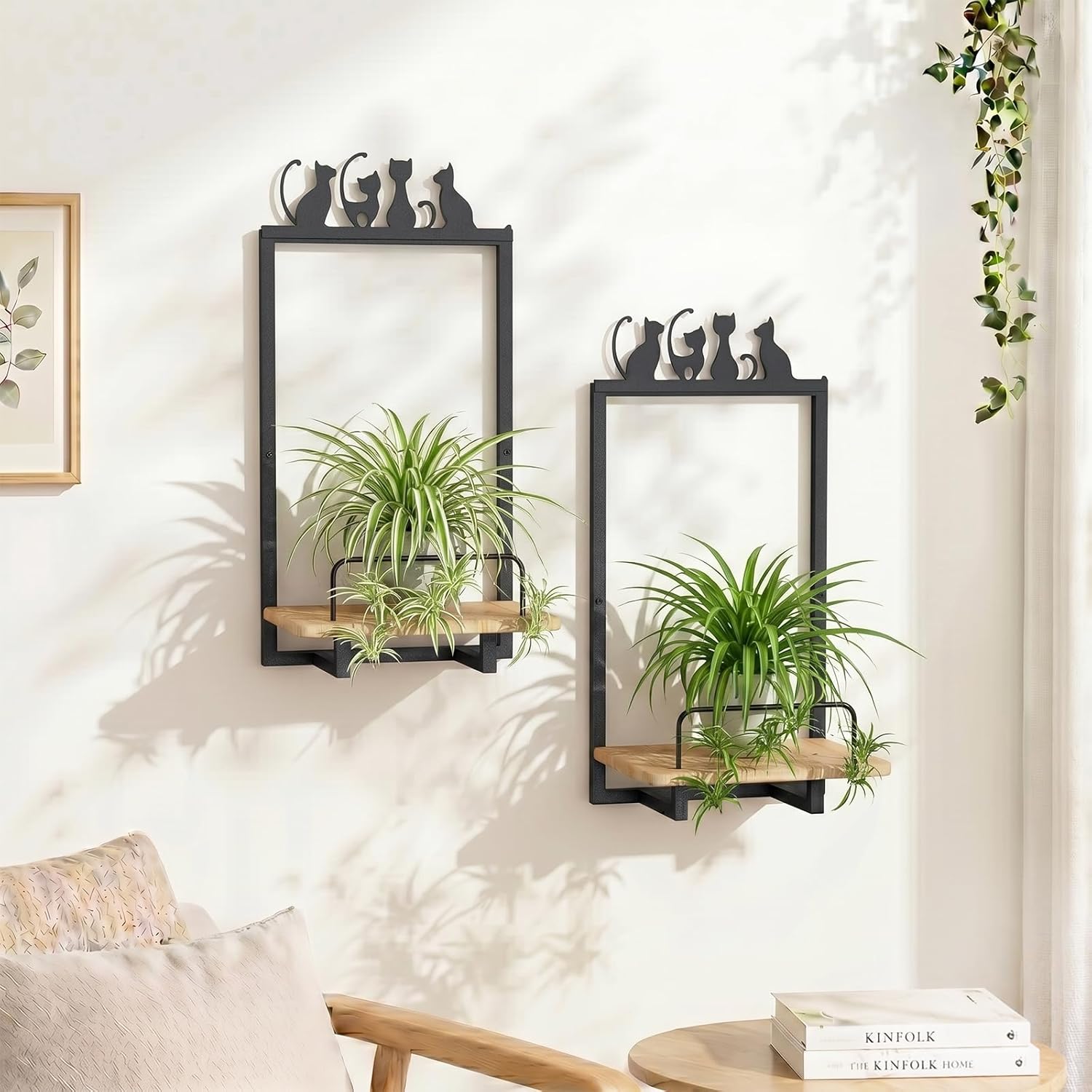 Shineled Wall Planter for Indoor Plants 2 Pack, Wall Mounted Plant Holder for Small Plants, Floating Wall Shelf for Plants, Real Oak Wood, Magnetic Animal Decor, Home Wall Decor (Cat)