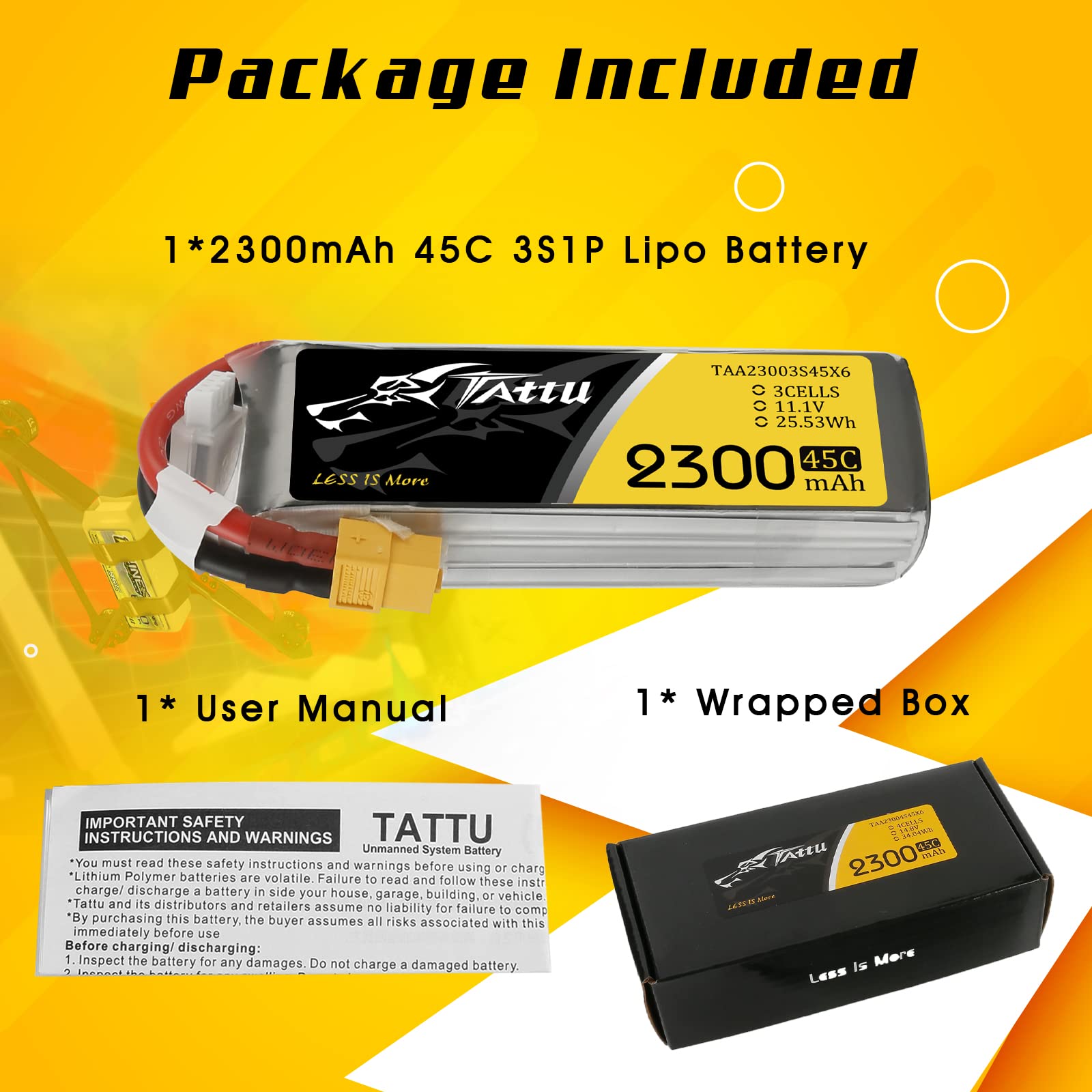 Tattu 3S Batteria Lipo 3S 2300mAh 45C 11,1V Custodia morbida Batterie con connettore XT60 Spina per FPV Racing Quadcopter Racing