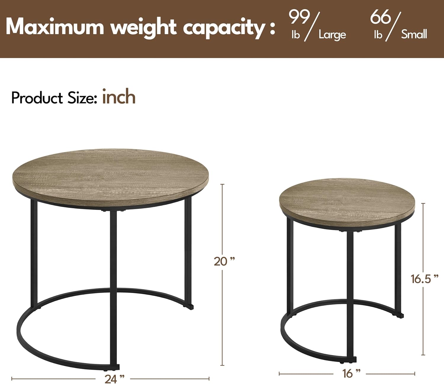 Yaheetech Nesting Coffee Table Set of 2, Nesting Table, Rustic Stacking Side Tables, Nesting End Table Set w/Round Wooden Tabletop and Sturdy Metal Base for Living Room,Small Space, Gray | Nesting Table, Rustic, Stacking Side Tables, Living Room, Small Space