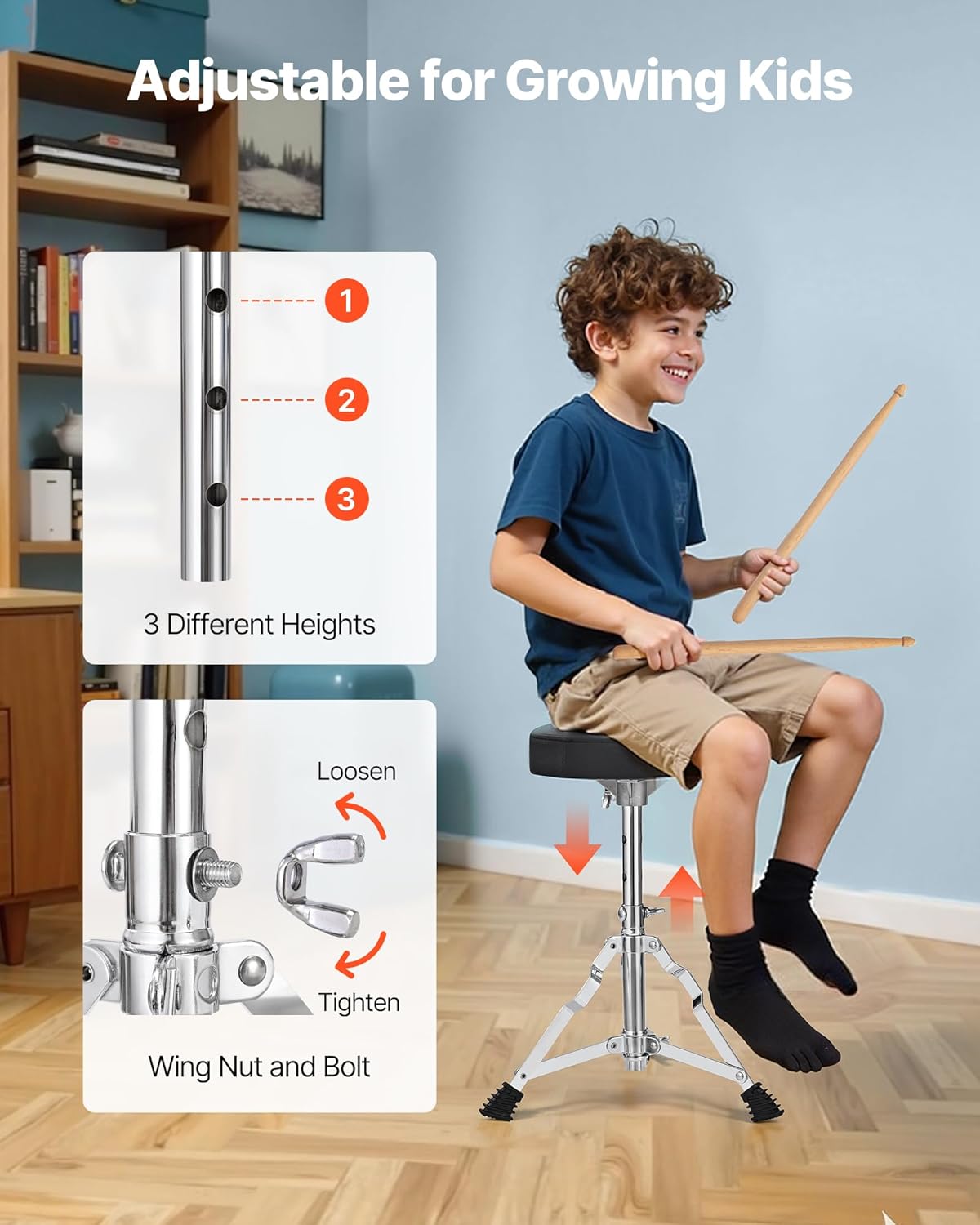 VEVOR Kids Drum Set, 3-Piece 14 in Junior Drum Sets, Beginner Drums Set with Adjustable Throne, Cymbal & Two Pairs of Drumsticks, Musical Learning Drums Instruments Kit, for Children Ages 6-13 (Blue)