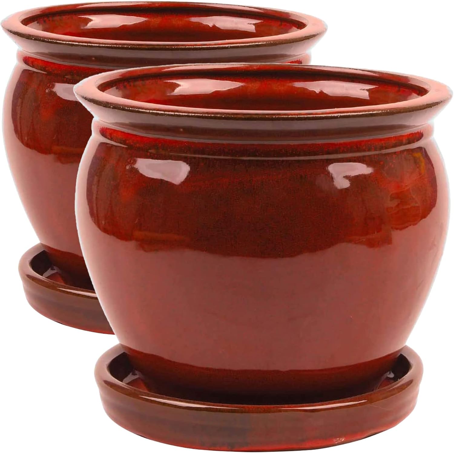Southern Patio Wisteria 12 Inch Diameter Ceramic Indoor Outdoor Garden Planter Pot Urn with Saucer for Flowers, Herbs, and Plants, Red (2 Pack)