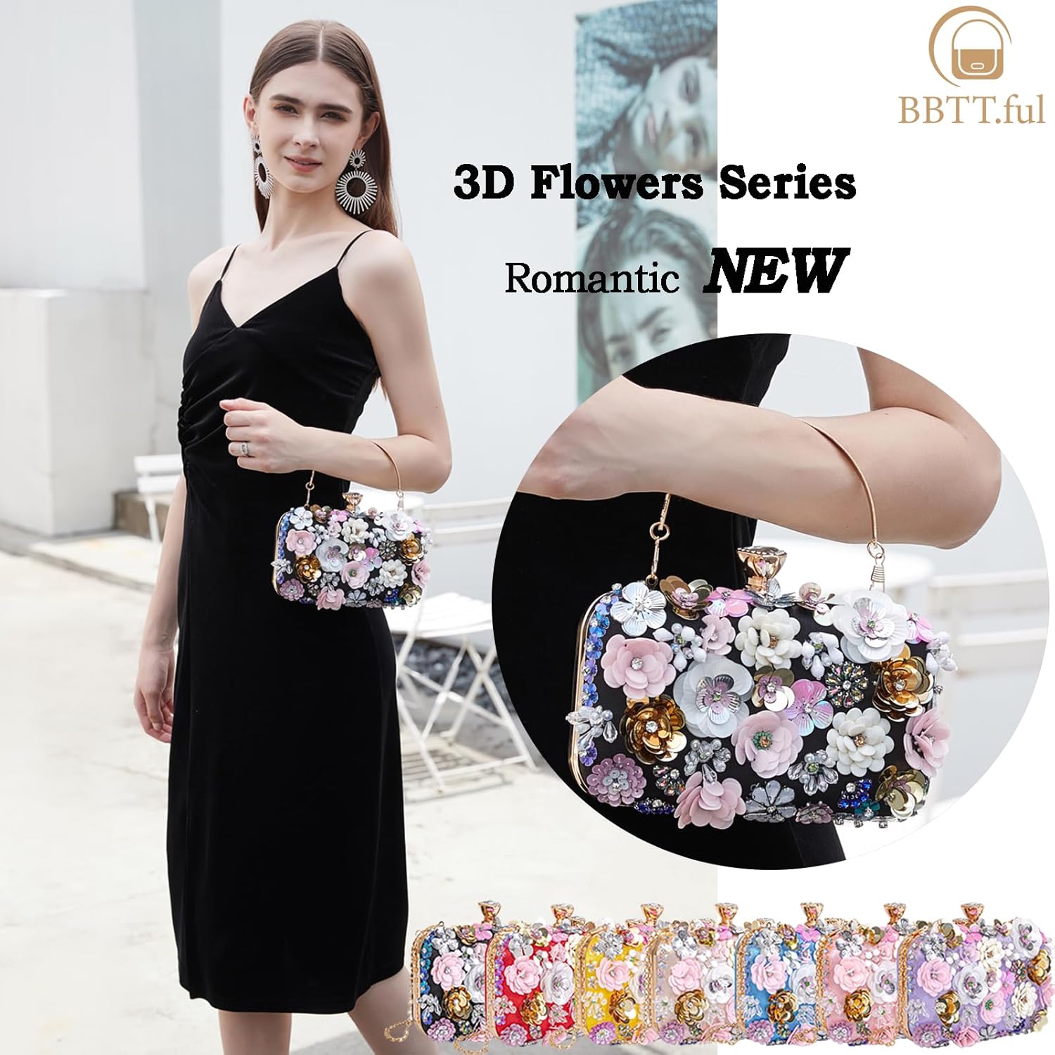 Women Clutches Flower Evening Handbag Chain Strap Shoulder Bag handbag Wedding bag purse - Image 2