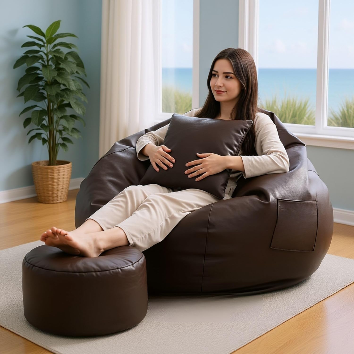 4XL Bean Bag Cover with Foot Stool & Cushion Cover | Premium PVC Leatherette | Double Stitched | Double Protection Zip & Velcro | 6 Months Warranty (Beans Required) Color- (Brown)