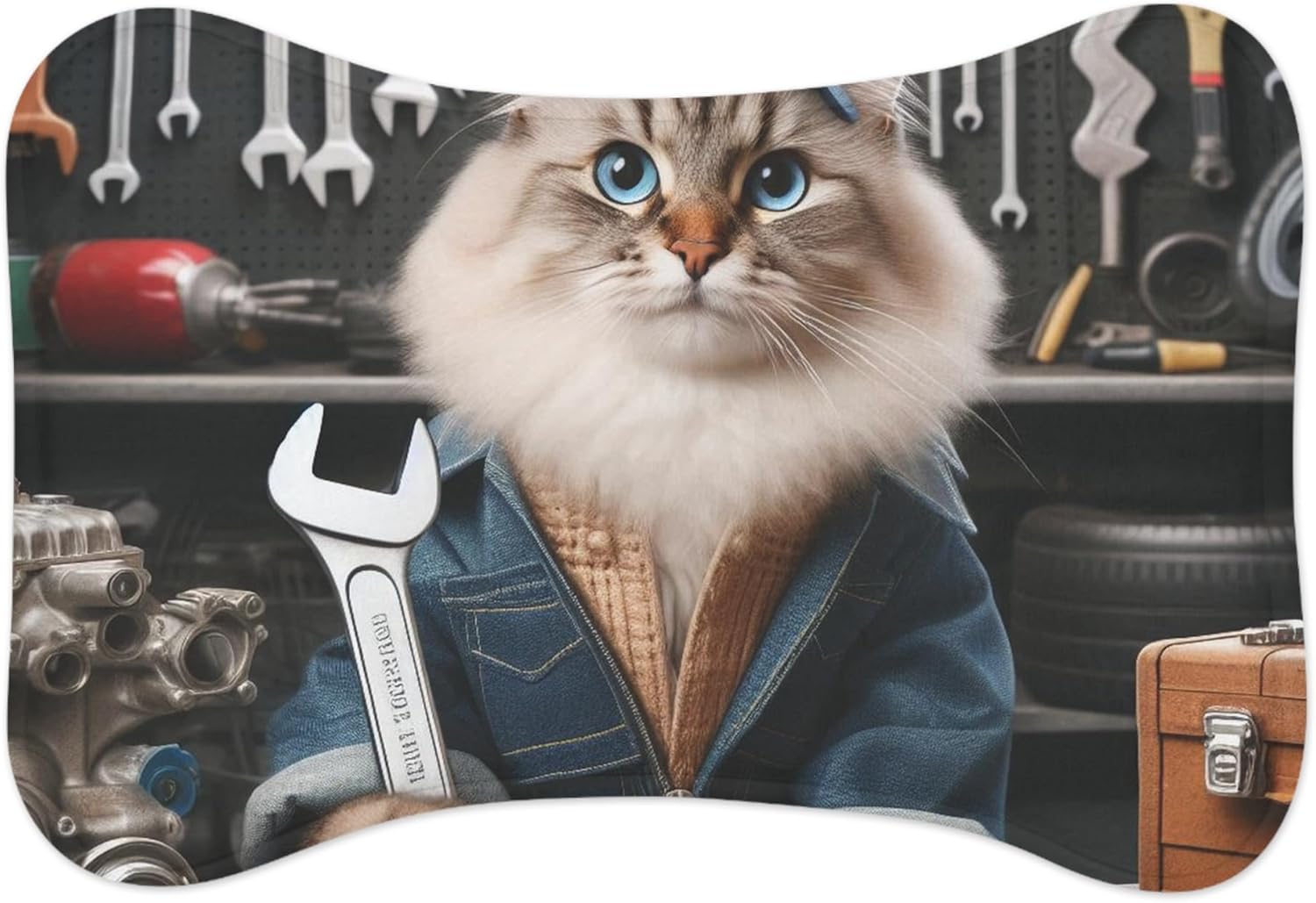 Vibrant Anti-Slip Pet Feeding Mat with Memory Foam Core - Realistic Mechanic Cat Theme