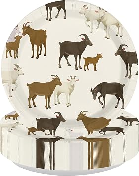 50Pcs Goats Party Decoration 9" Watercolor Cartoon Various Goats Paper Plates Disposable Farm Animal Tableware for Farm Animal Lovers Birthday Baby Shower Party Supplies